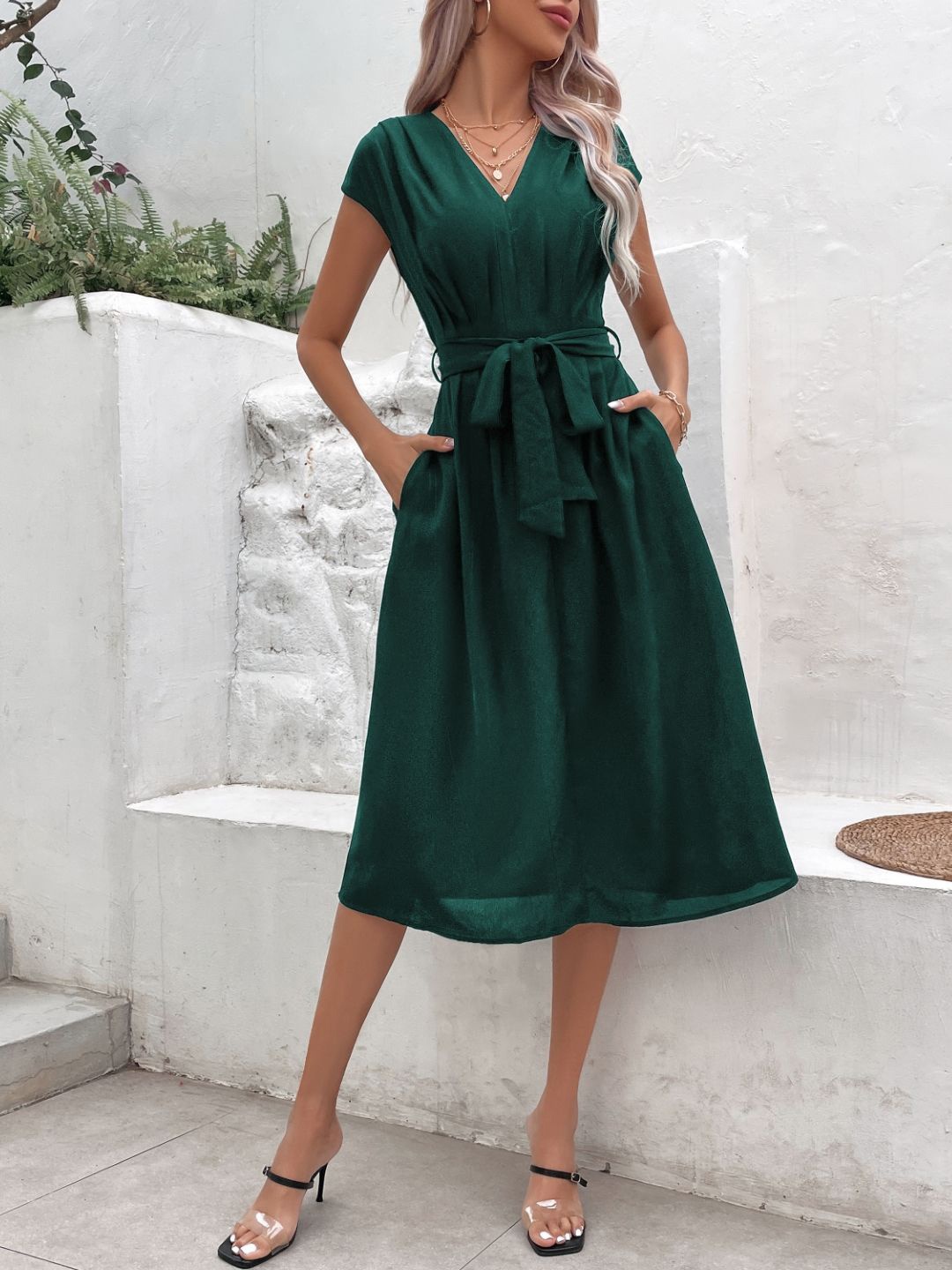 

StyleCast Green V-Neck Tie-Ups A-Line Dress