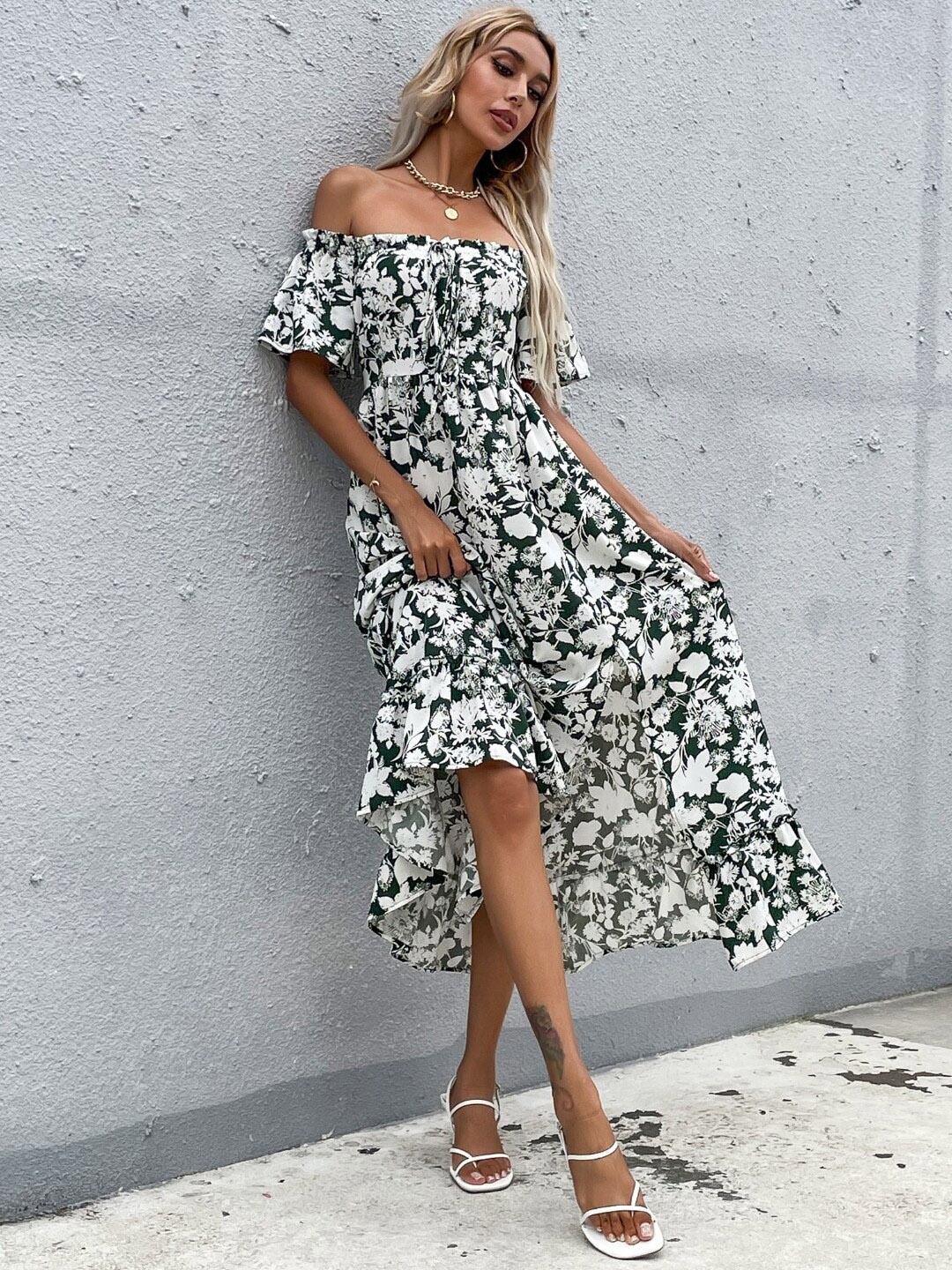 

StyleCast Green & White Floral Print Off-Shoulder A-Line Midi Dress