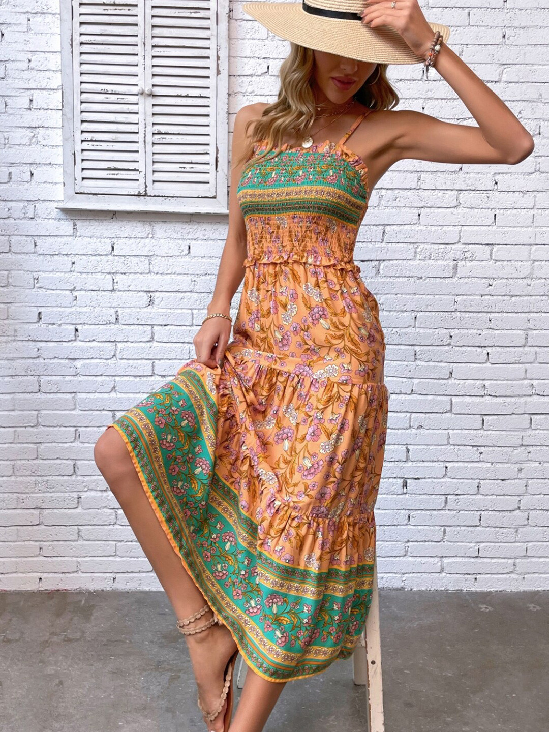 

StyleCast Orange & Green Floral Print Maxi Midi Dress