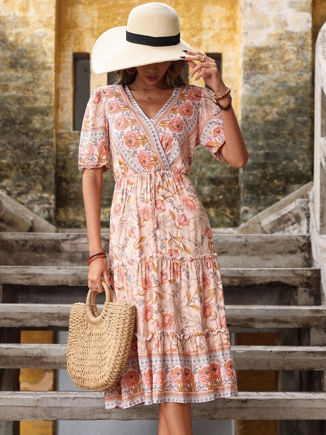

StyleCast White & Pink Floral Printed V Neck Fit & Flare Dress