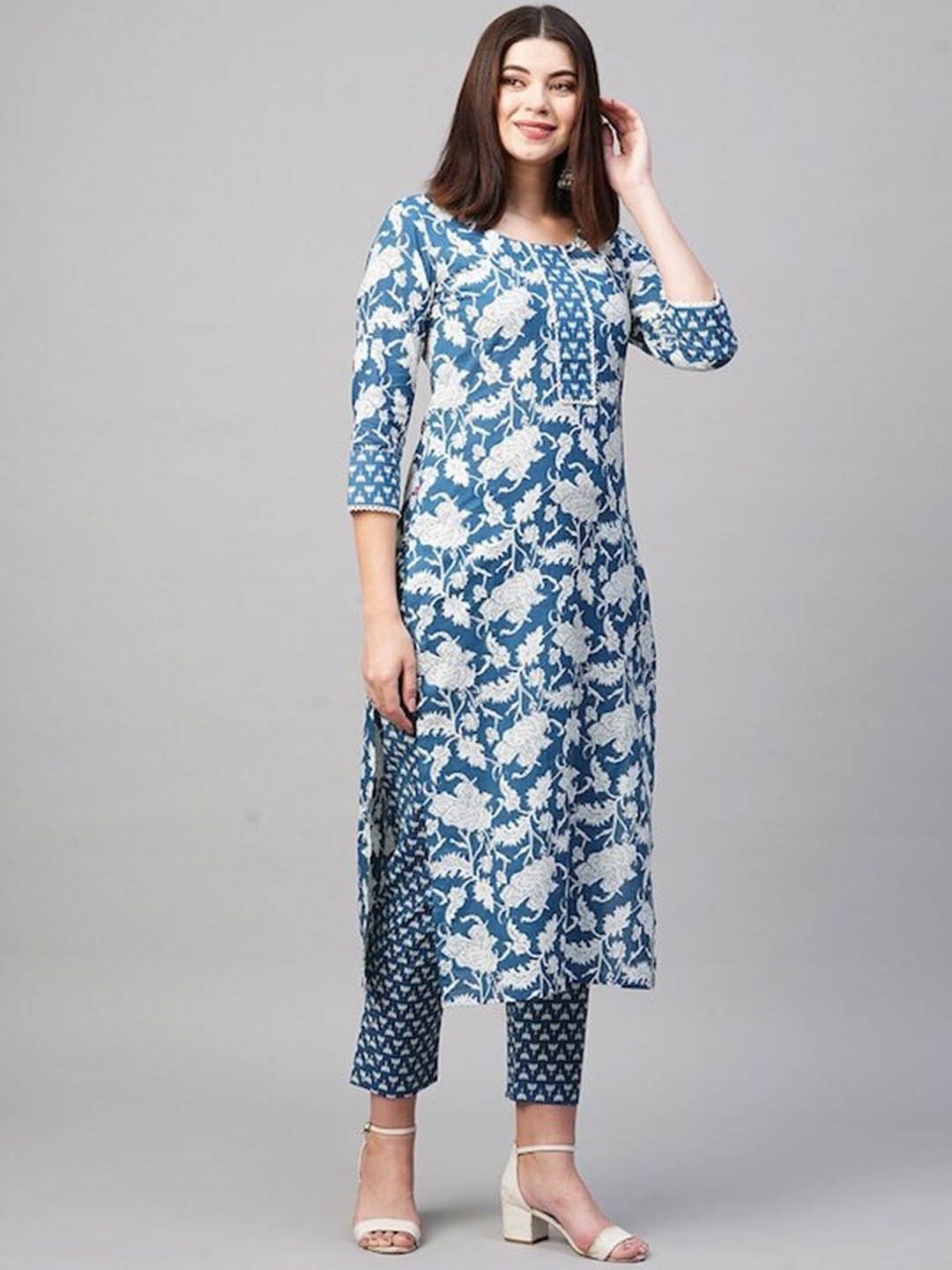 

KALINI Floral Printed Regular Pure Cotton Kurta With Trouser, Blue