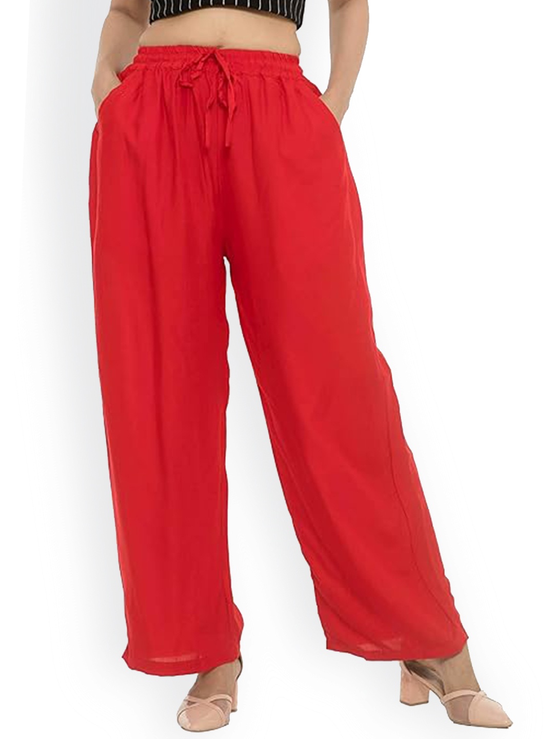 

CHANDERKASH Women Relaxed Straight Leg Cotton Trouser, Red