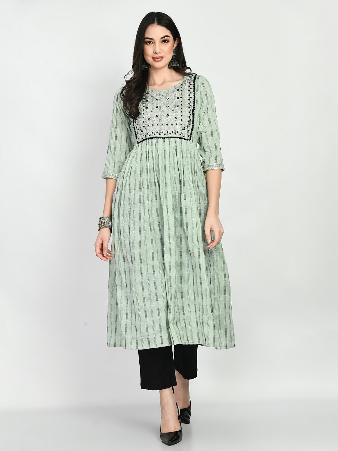 

AnjuShree Choice Striped Thread Work Pleated A-Line Kurta, Sea green
