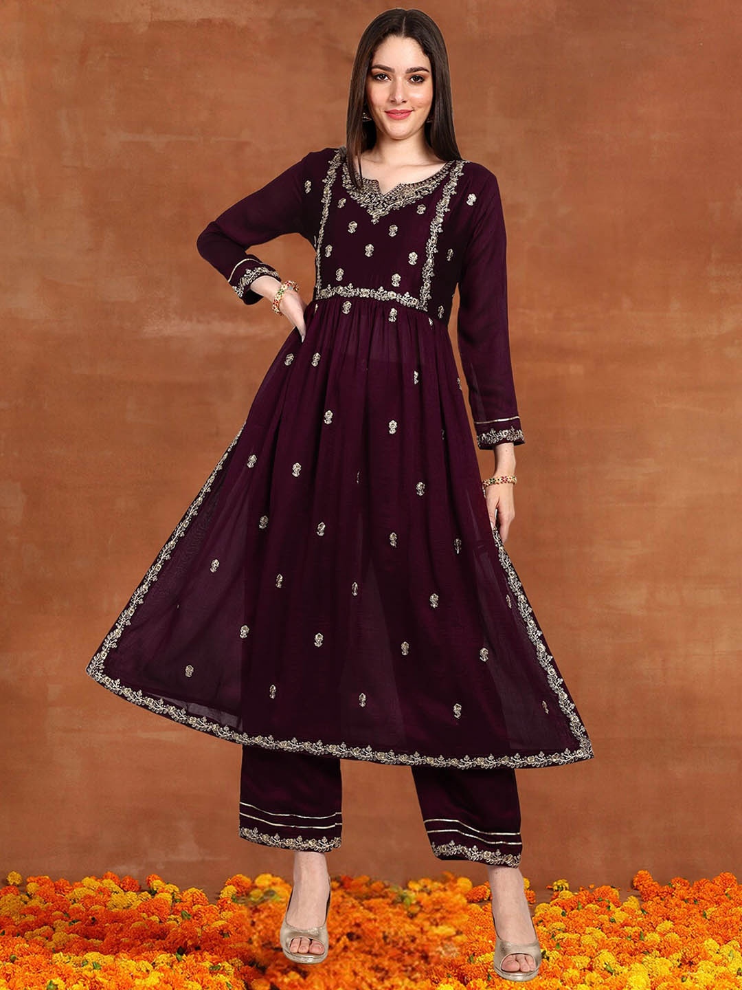 

KALINI Floral Embroidered Regular Thread Work Kurta with Trouser, Purple