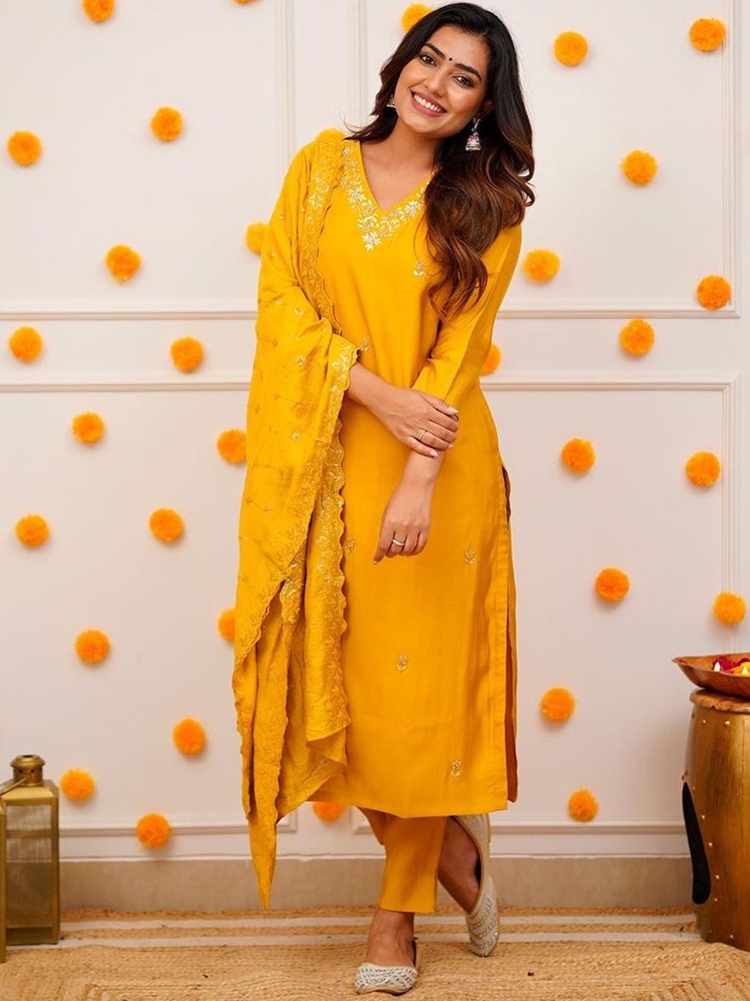 

KALINI Ethnic Motifs Embroidered Sequinned Chanderi Silk Kurta with Trousers & Dupatta, Yellow