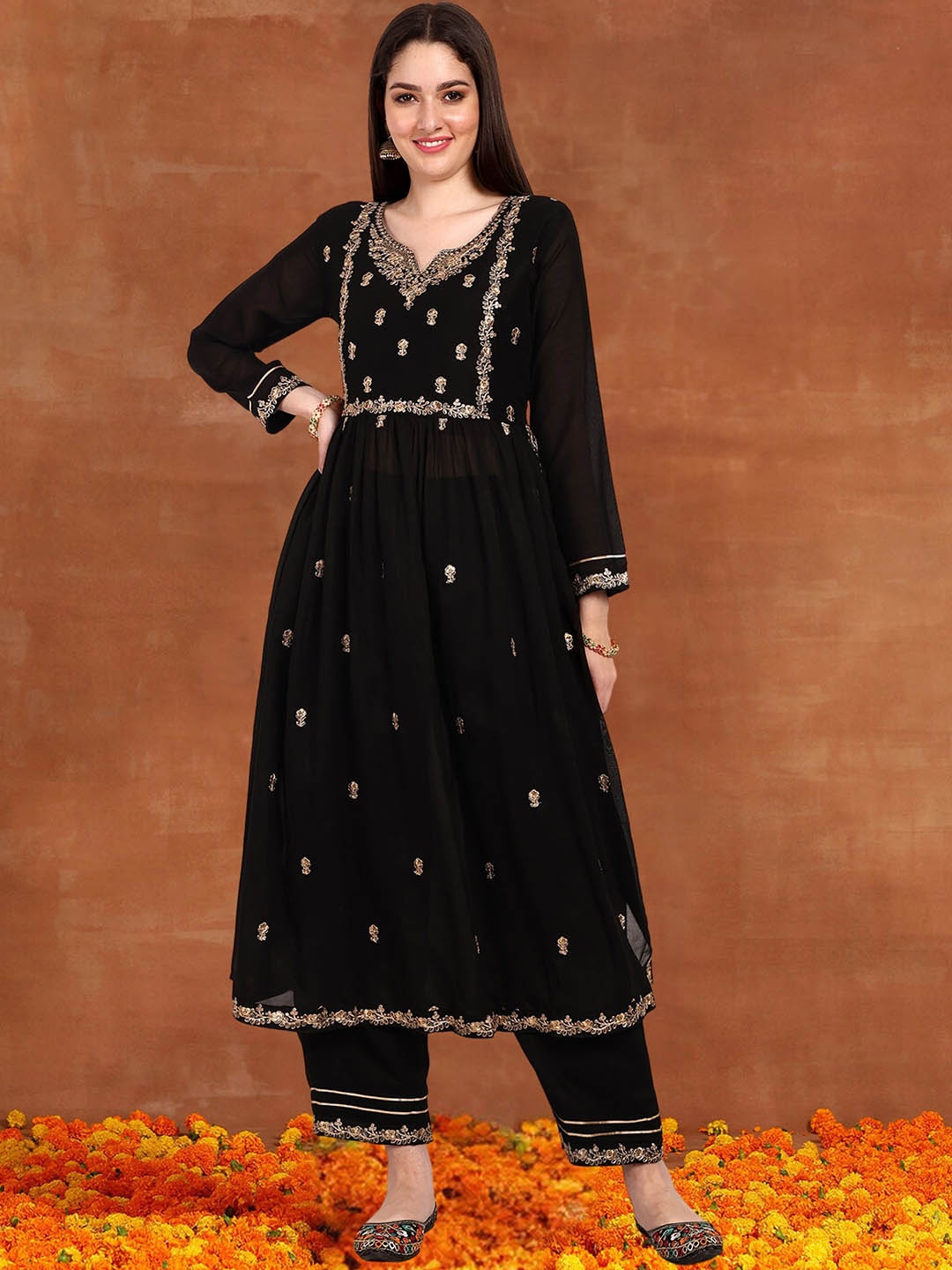 

KALINI Floral Embroidered Regular Thread Work Kurta with Trouser, Black