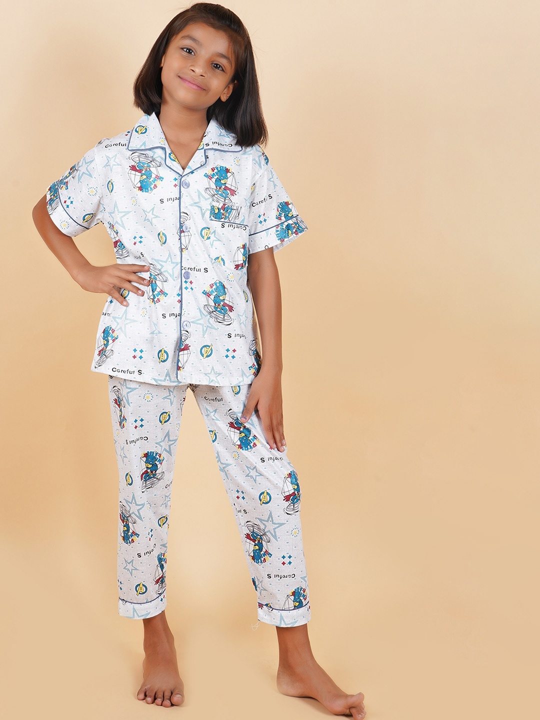 

BAESD Kids Captain Marvel Printed Pure Cotton Night suit, White