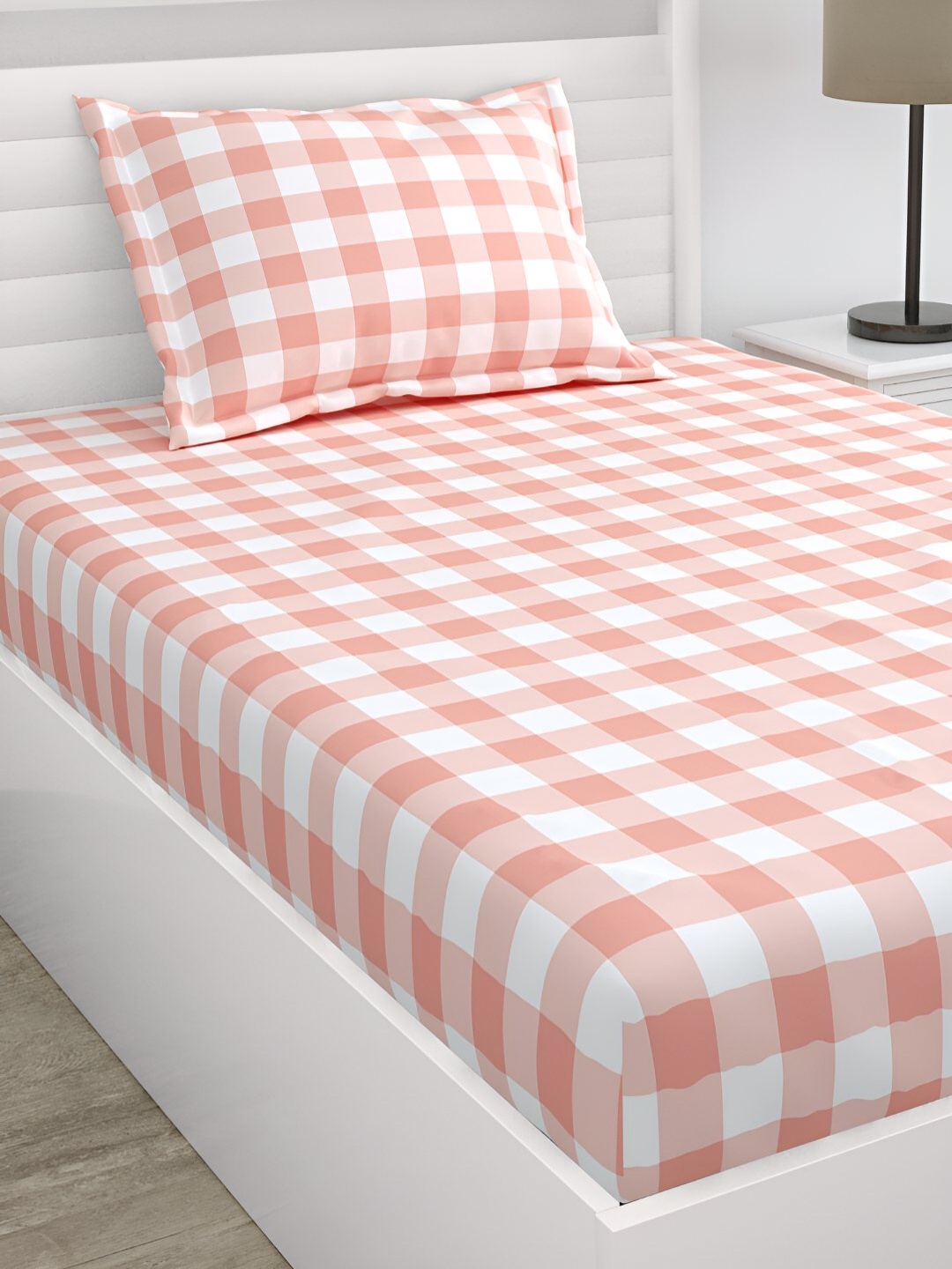 

haus & kinder White & Pink Checked 186 TC Pure Cotton Single Bedsheet With Pillow Cover