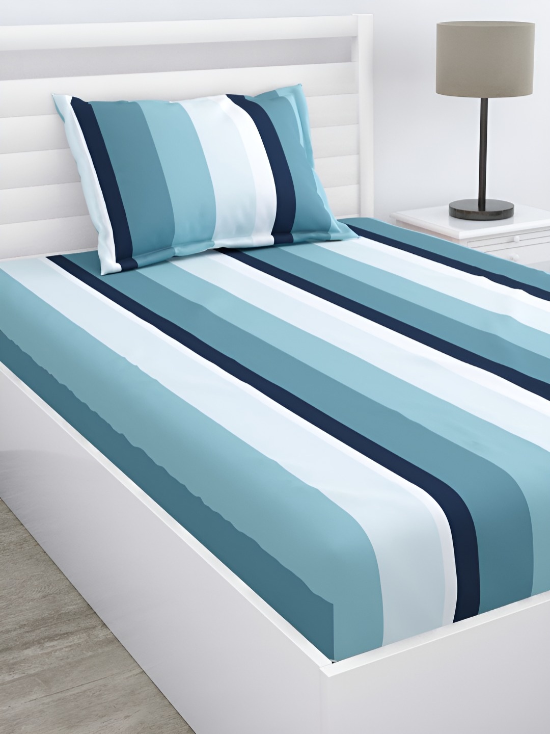 

haus & kinder White & Blue Striped 186 TC Pure Cotton Single Bedsheet With Pillow Cover