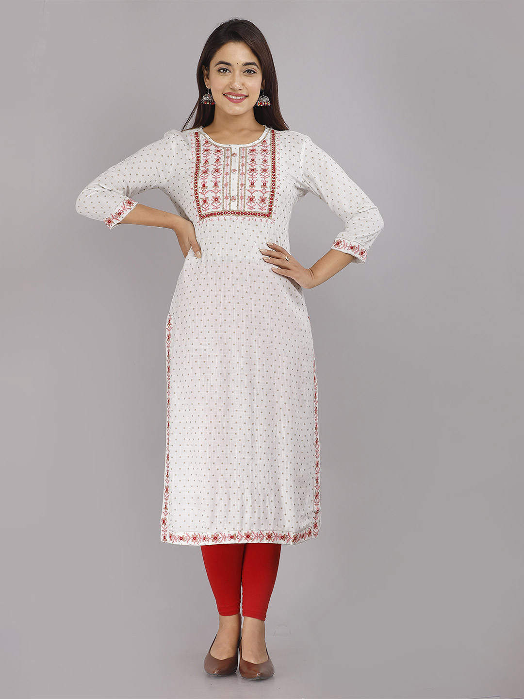 

STYLE ANGEL Round Neck Embroidered Straight Kurta, White