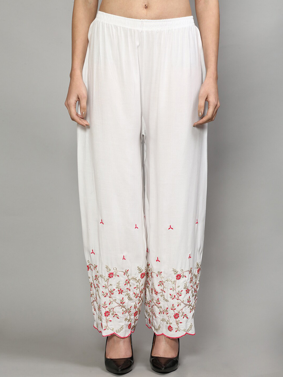 

GRACIT Women Ethnic Motifs Embroidered Flared Knitted Ethnic Palazzos, White