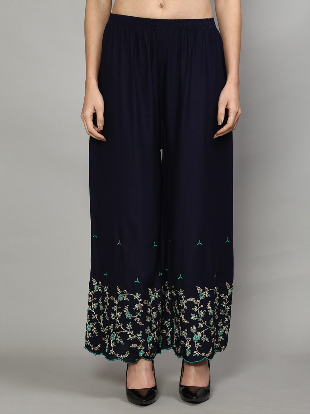 

GRACIT Floral Embroidered Flared Palazzo, Navy blue