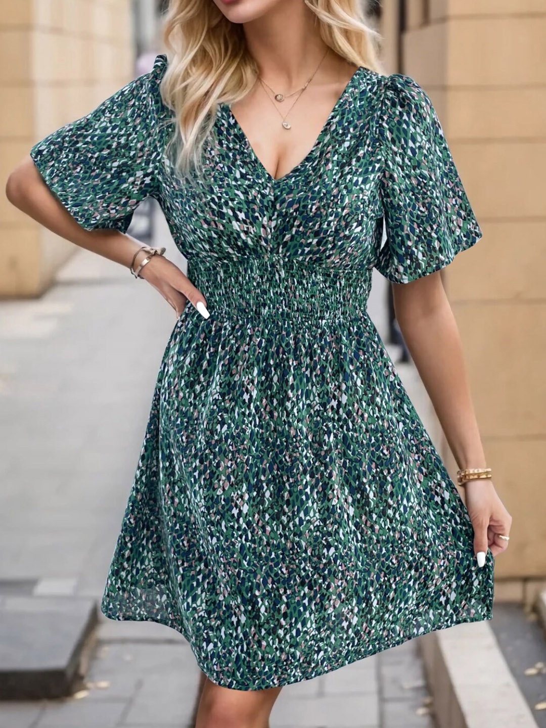 

Stylecast X KPOP Printed Bell Sleeves Fit & Flare Dress, Green