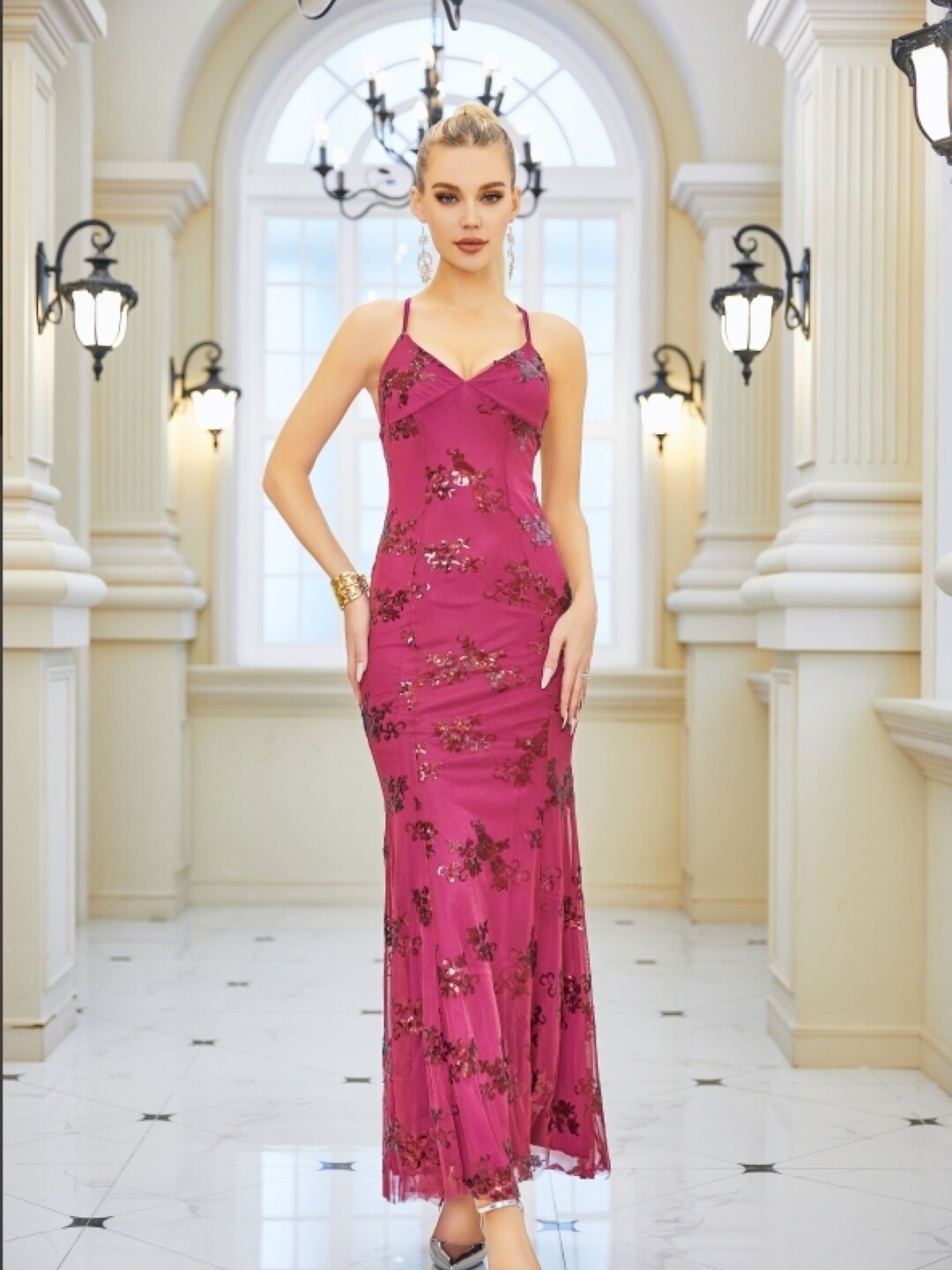 

Stylecast X KPOP Floral Printed Shoulder Straps Bodycon Maxi Dress, Pink