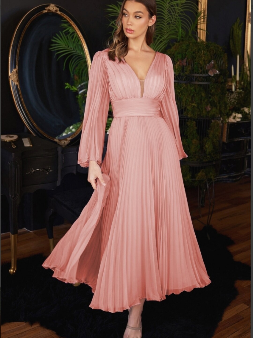 

Stylecast X KPOP Pink Accordian Pleats Self Design Flared Sleeve Fit & Flare Maxi Dress