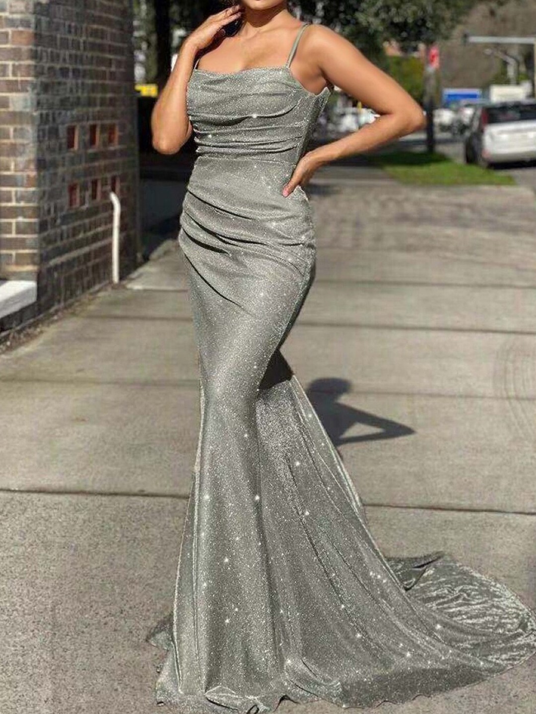 

Stylecast X KPOP Grey Shoulder Strap Ruched Sheen Bodycon Maxi Dress