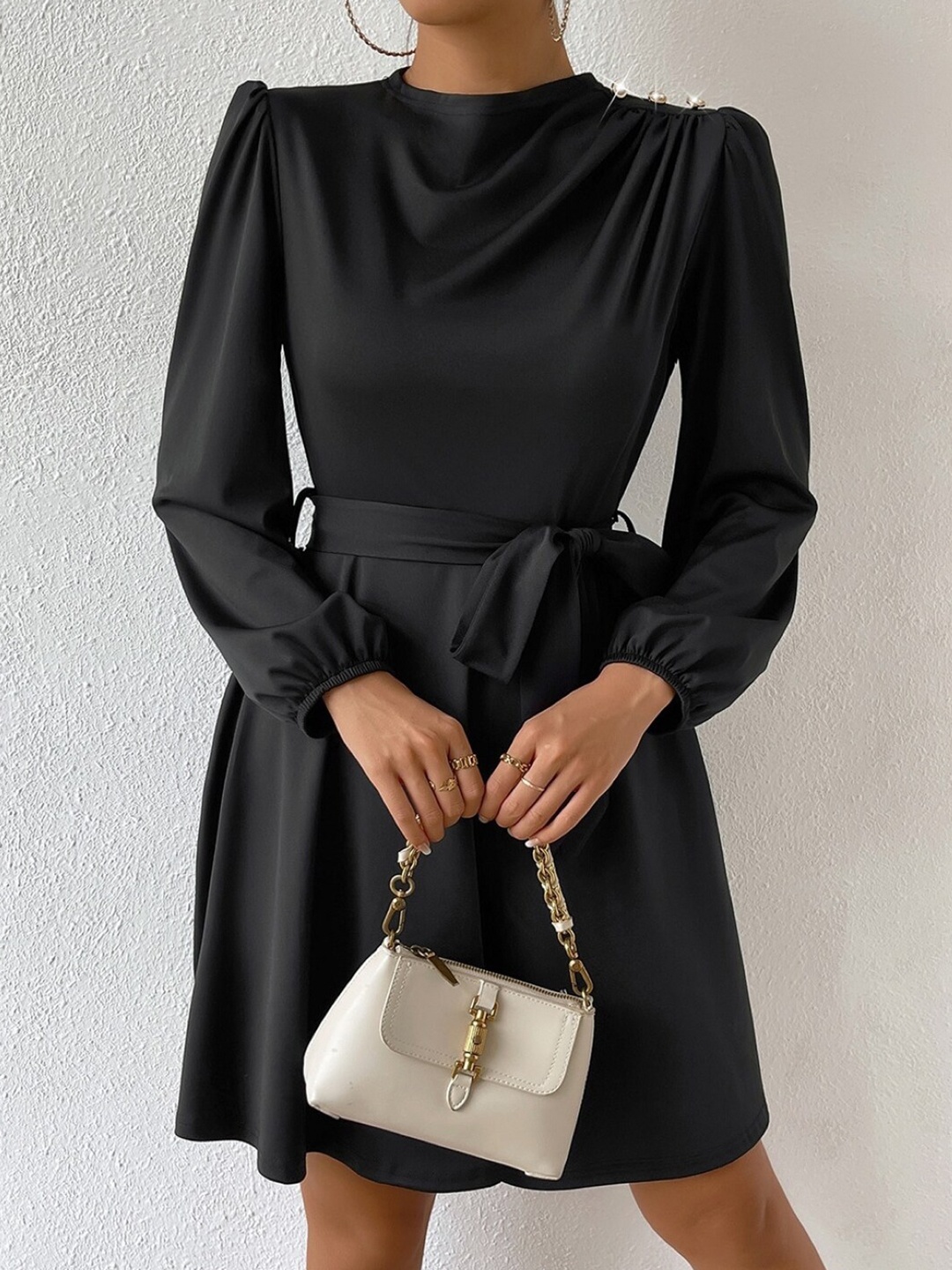 

Stylecast X KPOP High Neck Bishop Sleeves Tie-Ups Fit and Flare Casual Dress, Black