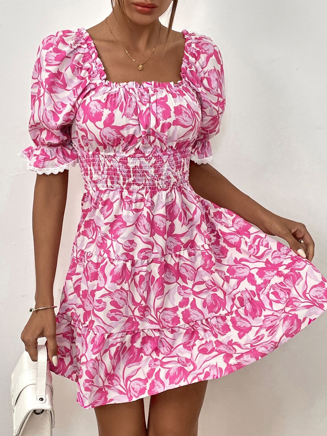 

Stylecast X KPOP Floral Printed Square Neck Puff Sleeves Fit & Flare Dress, Pink