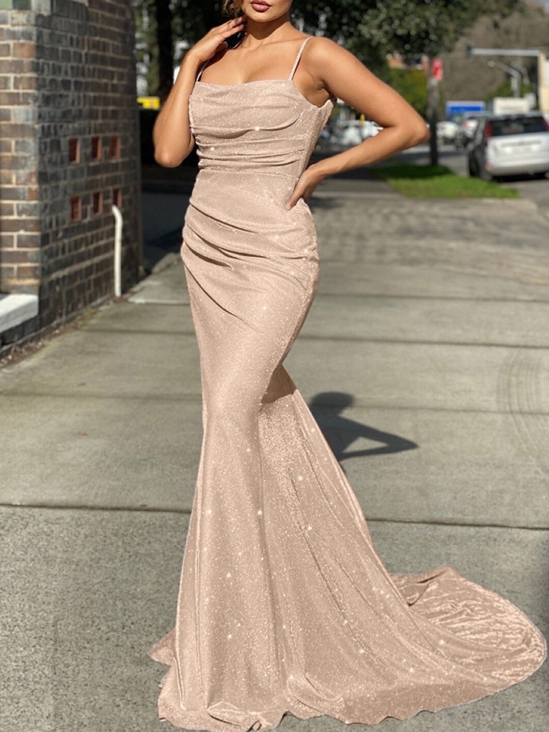

Stylecast X KPOP Self Design Shoulder Straps Sequined Ruched Maxi Party Dress, Cream