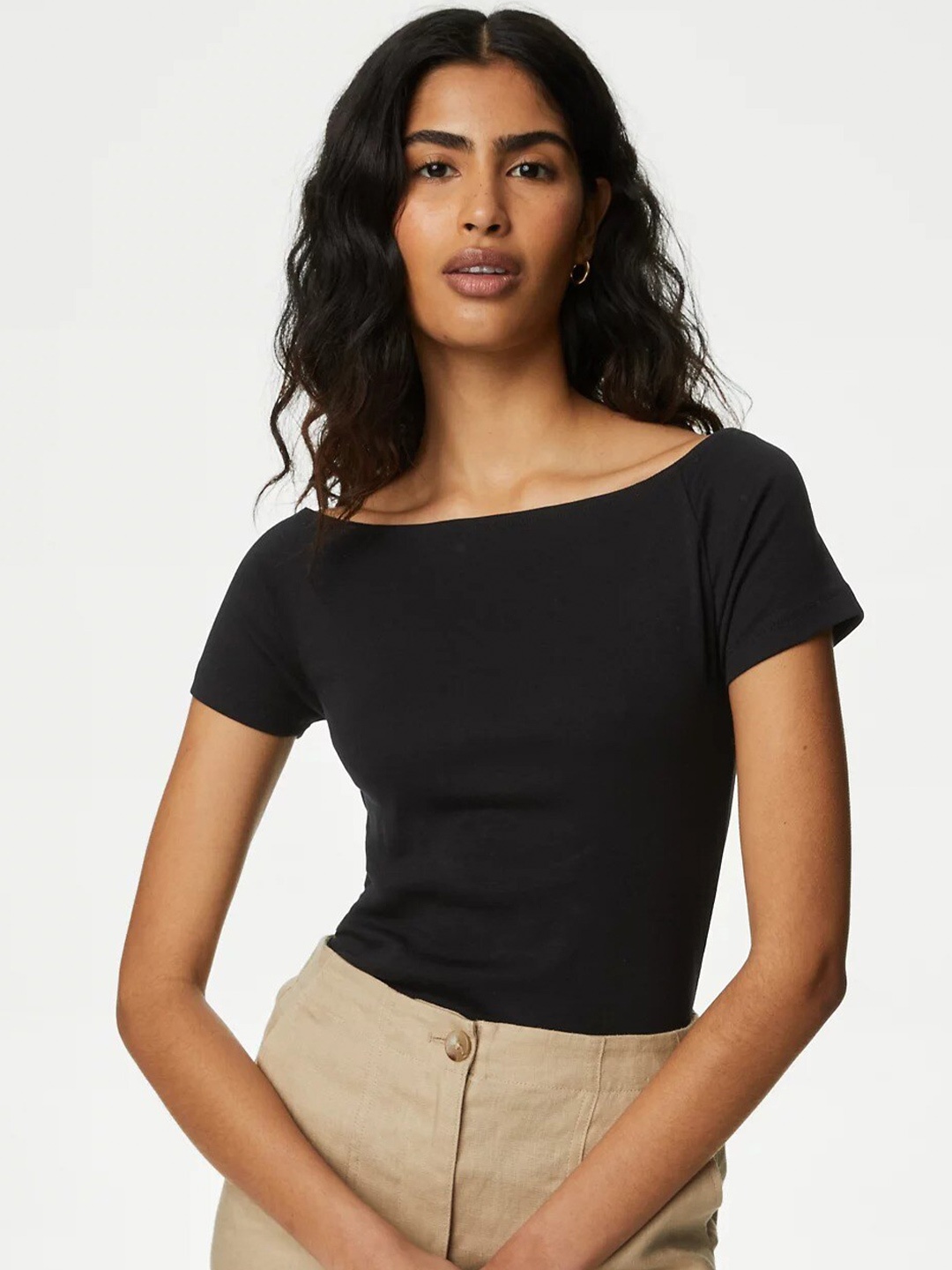 

Marks & Spencer Boat Neck Cotton Regular Top, Black