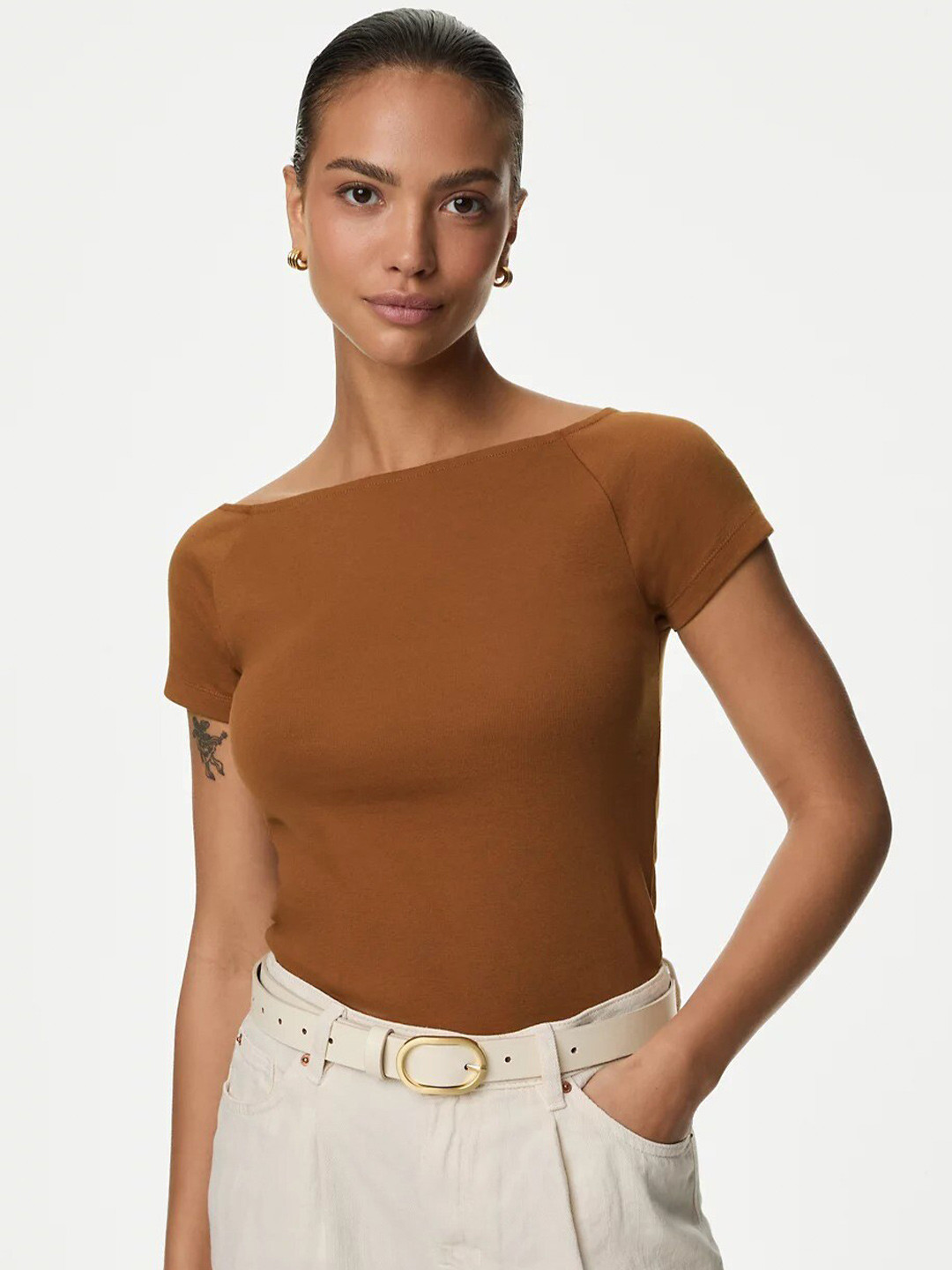 

Marks & Spencer Boat Neck Cotton Regular Top, Brown