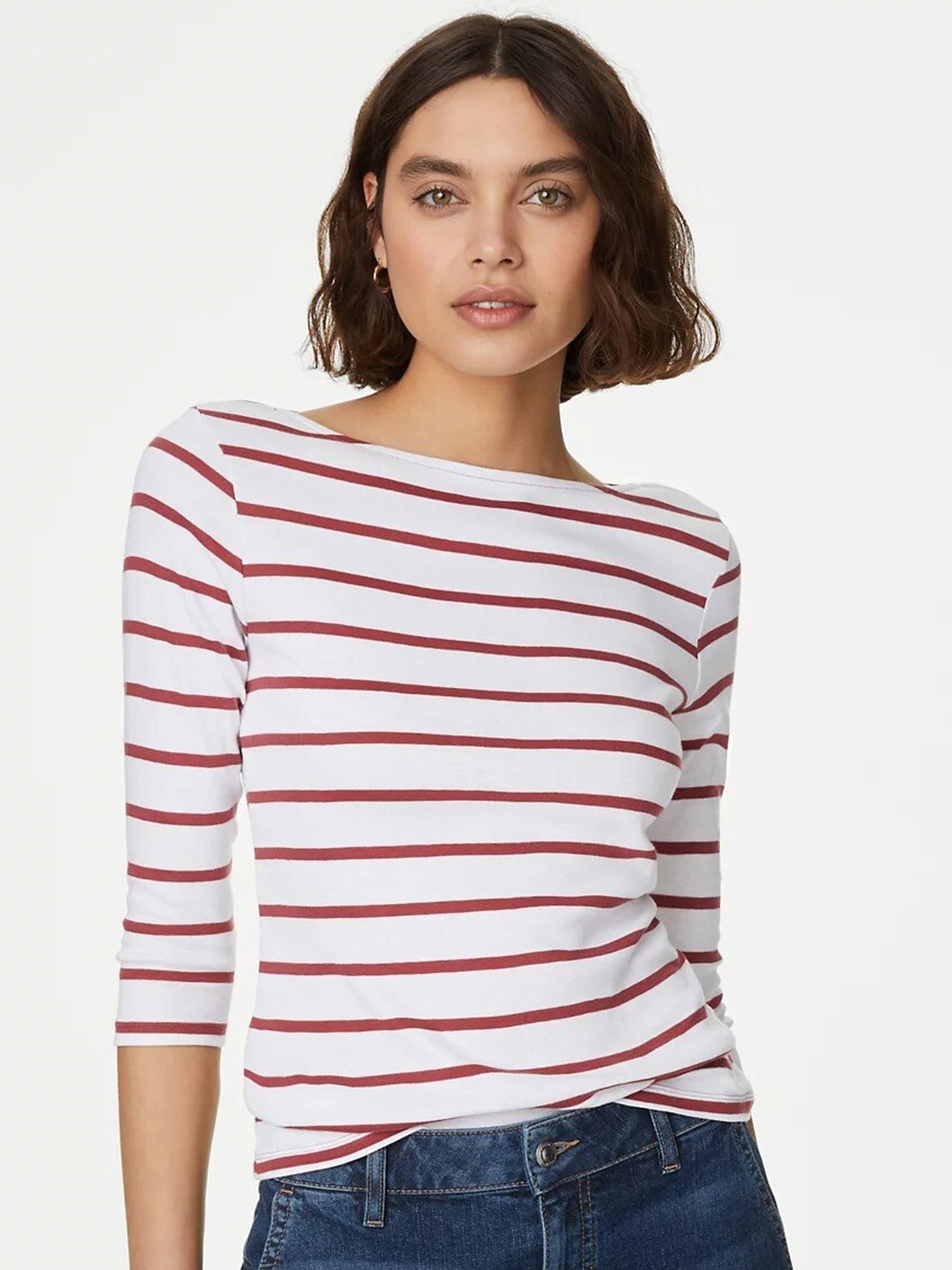 

Marks & Spencer Horizontal Striped Slash Neck Slim Fit Pure Cotton Top, Off white