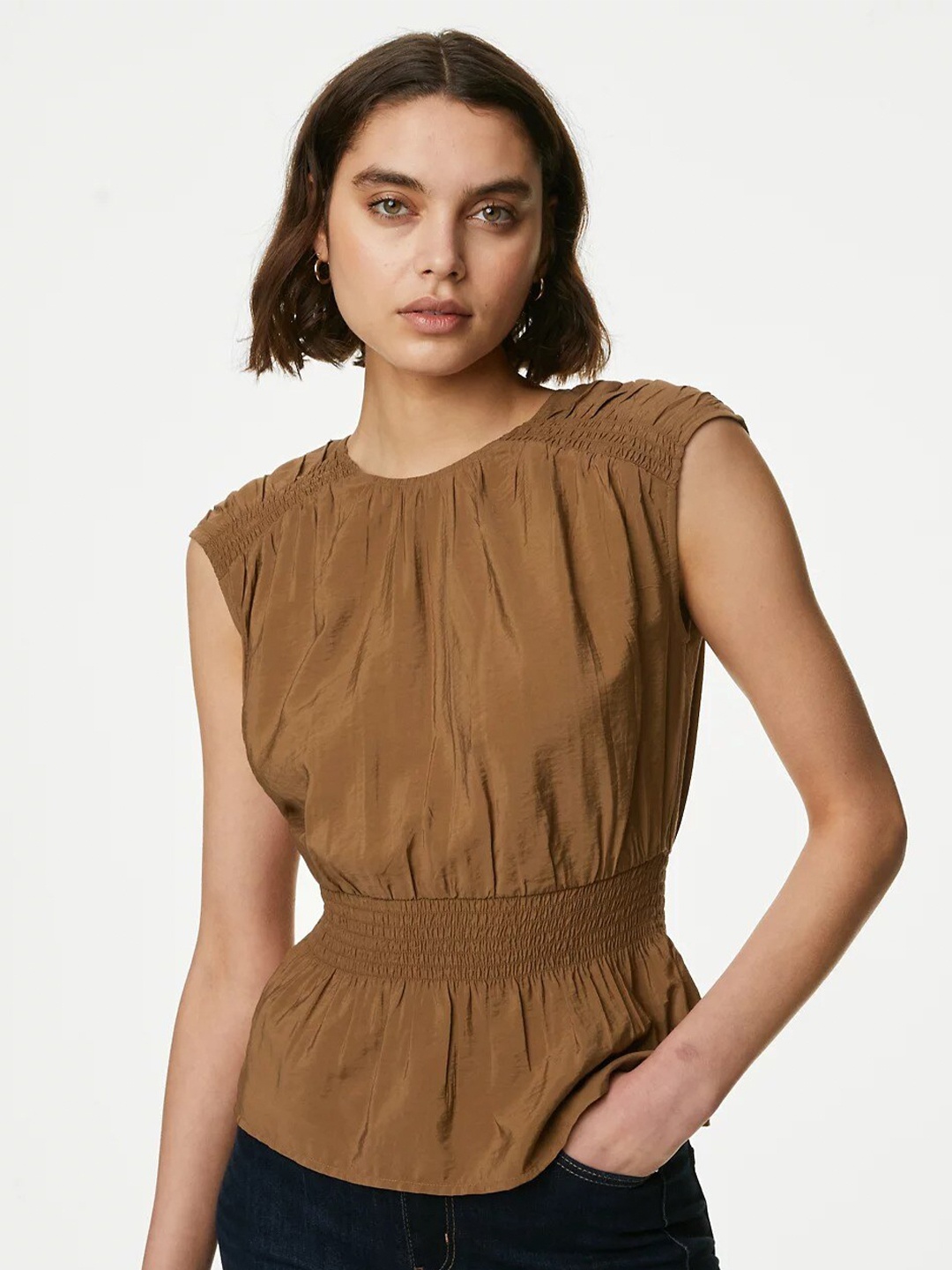 

Marks & Spencer Sleeveless Smocking Shirred Detail Cinched Waist Top, Brown