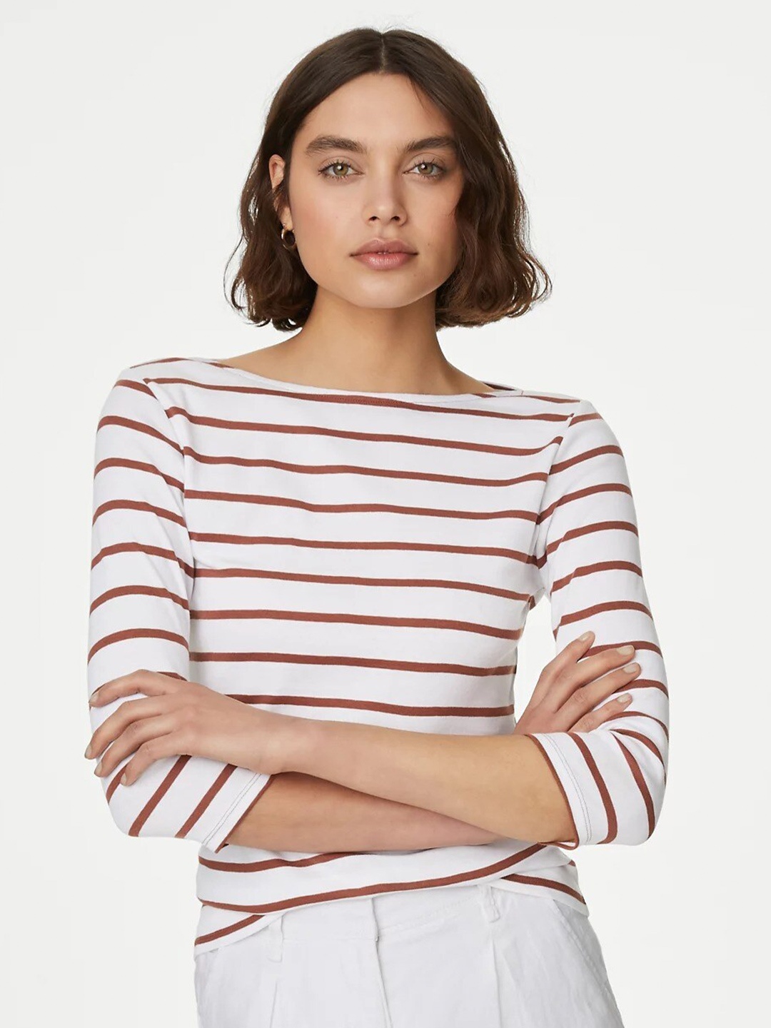 

Marks & Spencer Horizontal Striped Slash Neck Slim Fit Pure Cotton Top, Off white