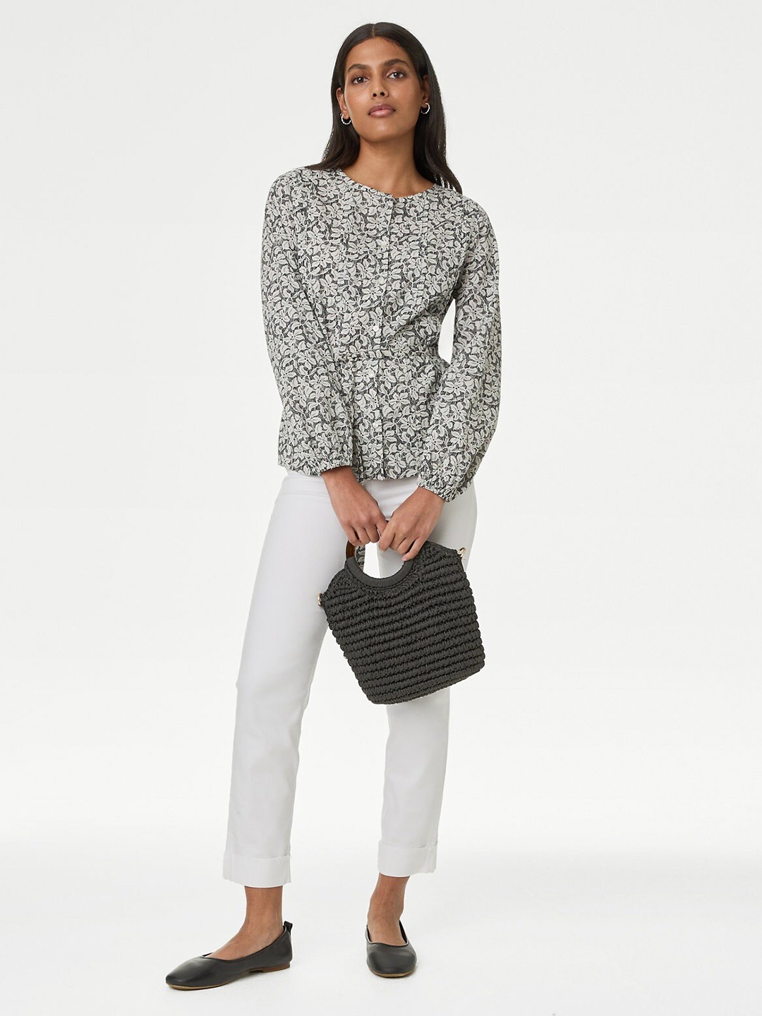 

Marks & Spencer Floral Printed Crew Neck Cuffed Sleeves Pure Cotton Shirt Style Top, Off white