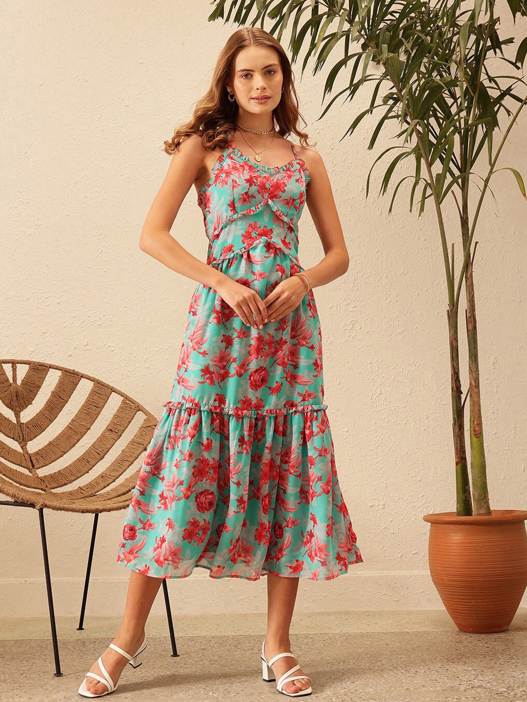 STREET 9 Floral Print Georgette A-Line Dress, Turquoise blue