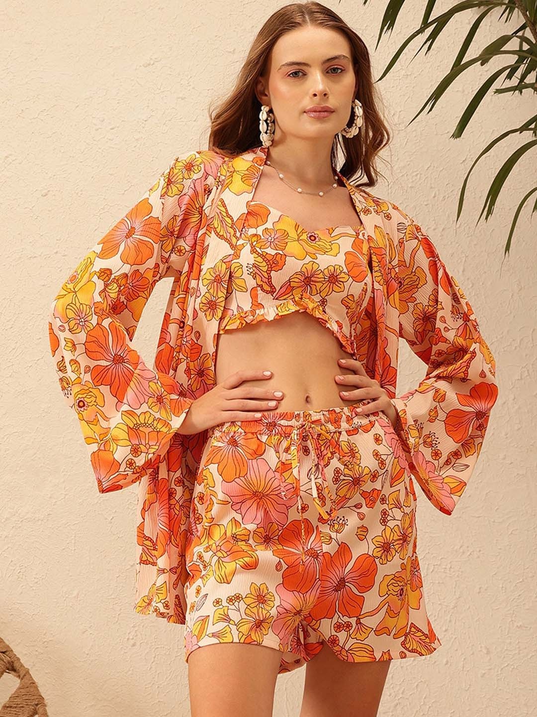 

STREET 9 Floral Printed Sleeveless Top With Shorts & Shrug, Orange