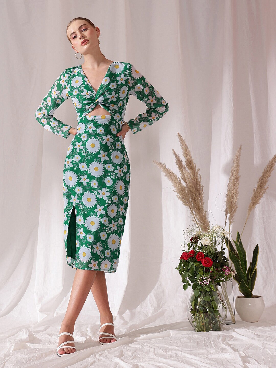 

STREET 9 Floral Print Georgette Fit & Flare Midi Dress, Green