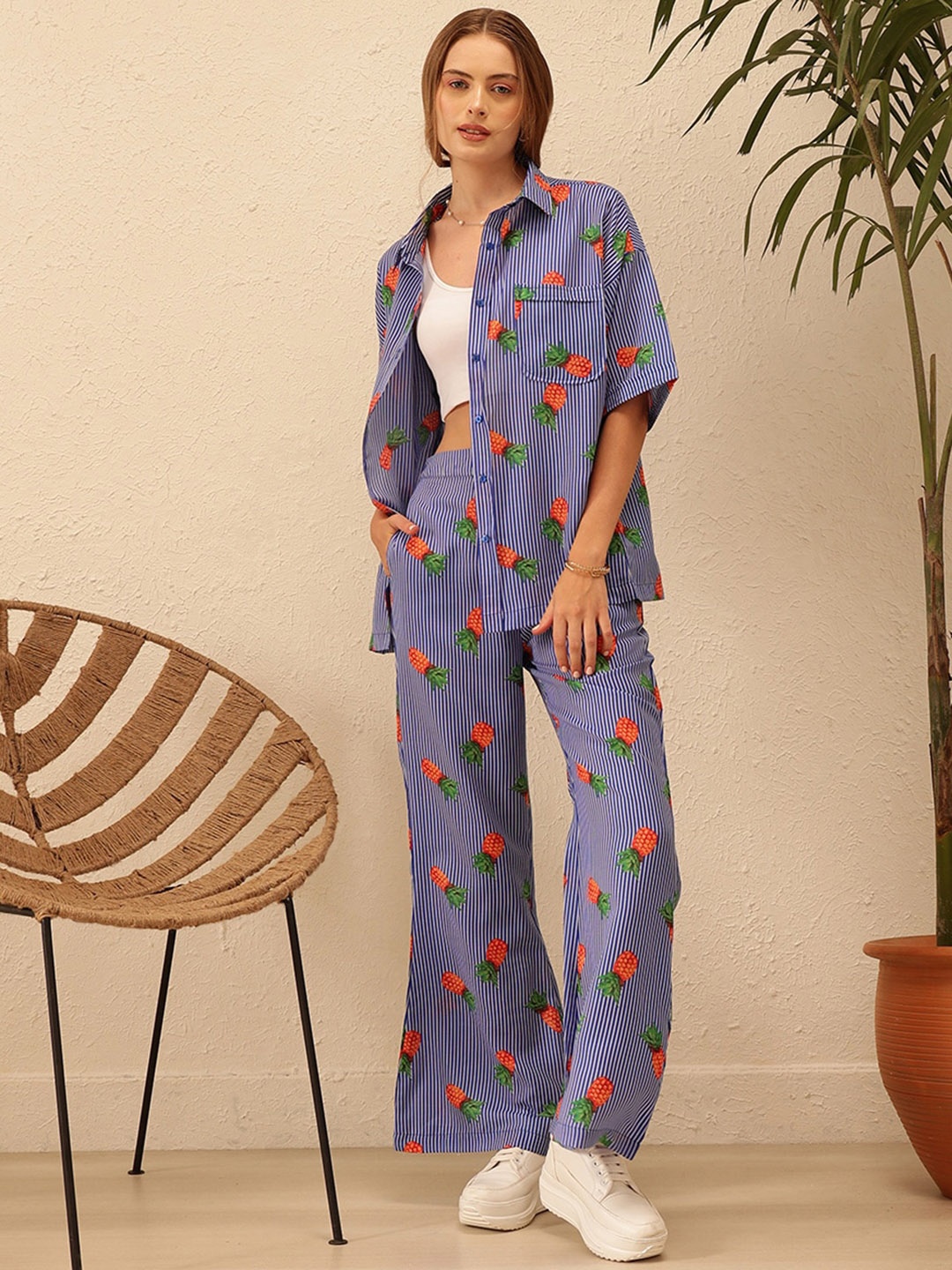 

STREET 9 Printed Shirt Collar Shirt With Trousers Co-Ords, Blue