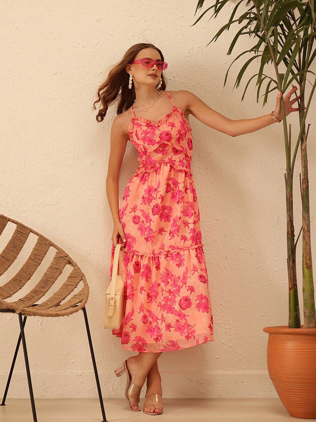 

STREET 9 Floral Printed Shoulder Straps Georgette Maxi Dress, Peach