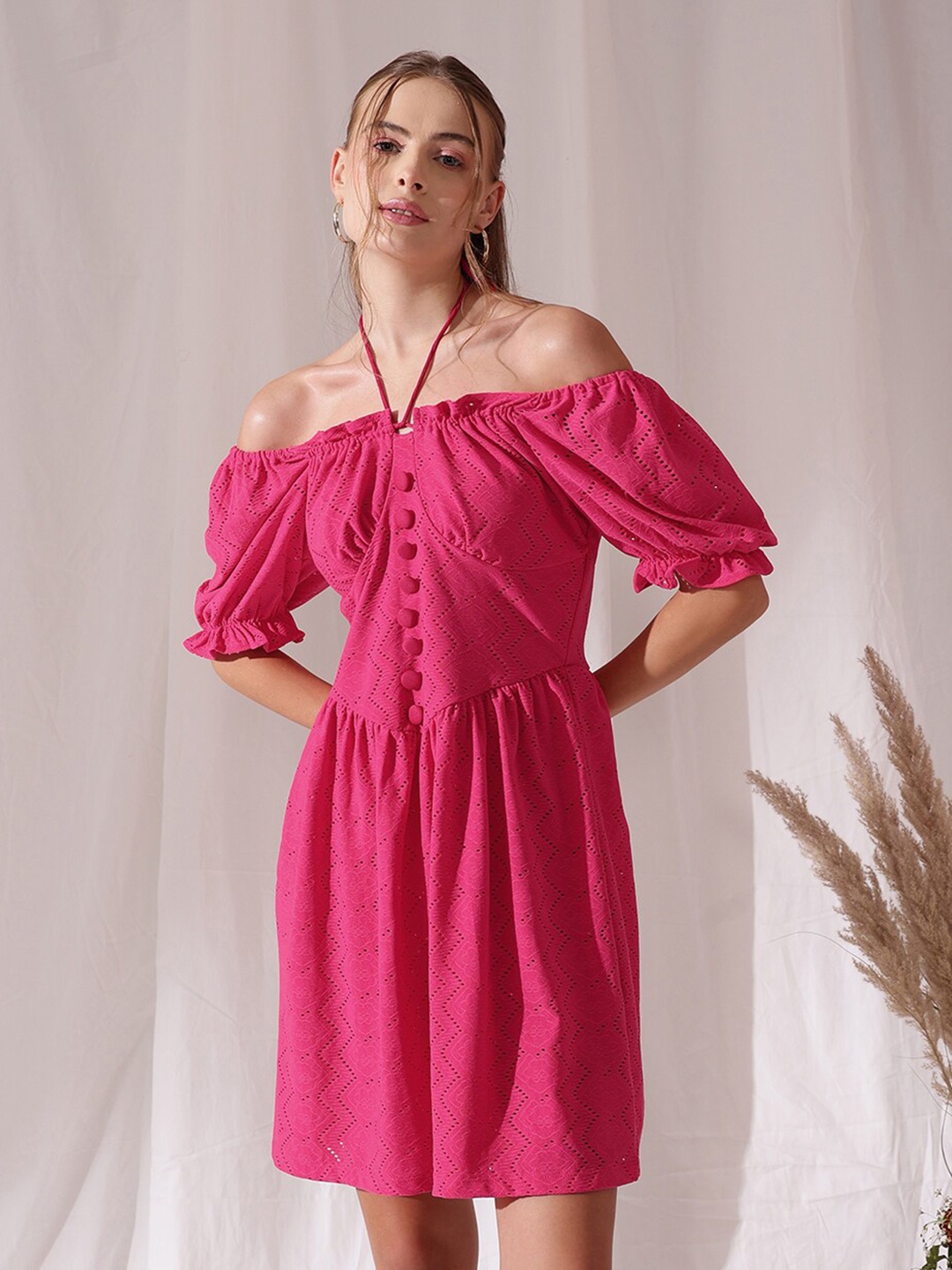 

STREET 9 Off-Shoulder Puff Sleeve Schfilli Fit and Flared Dress, Fuchsia