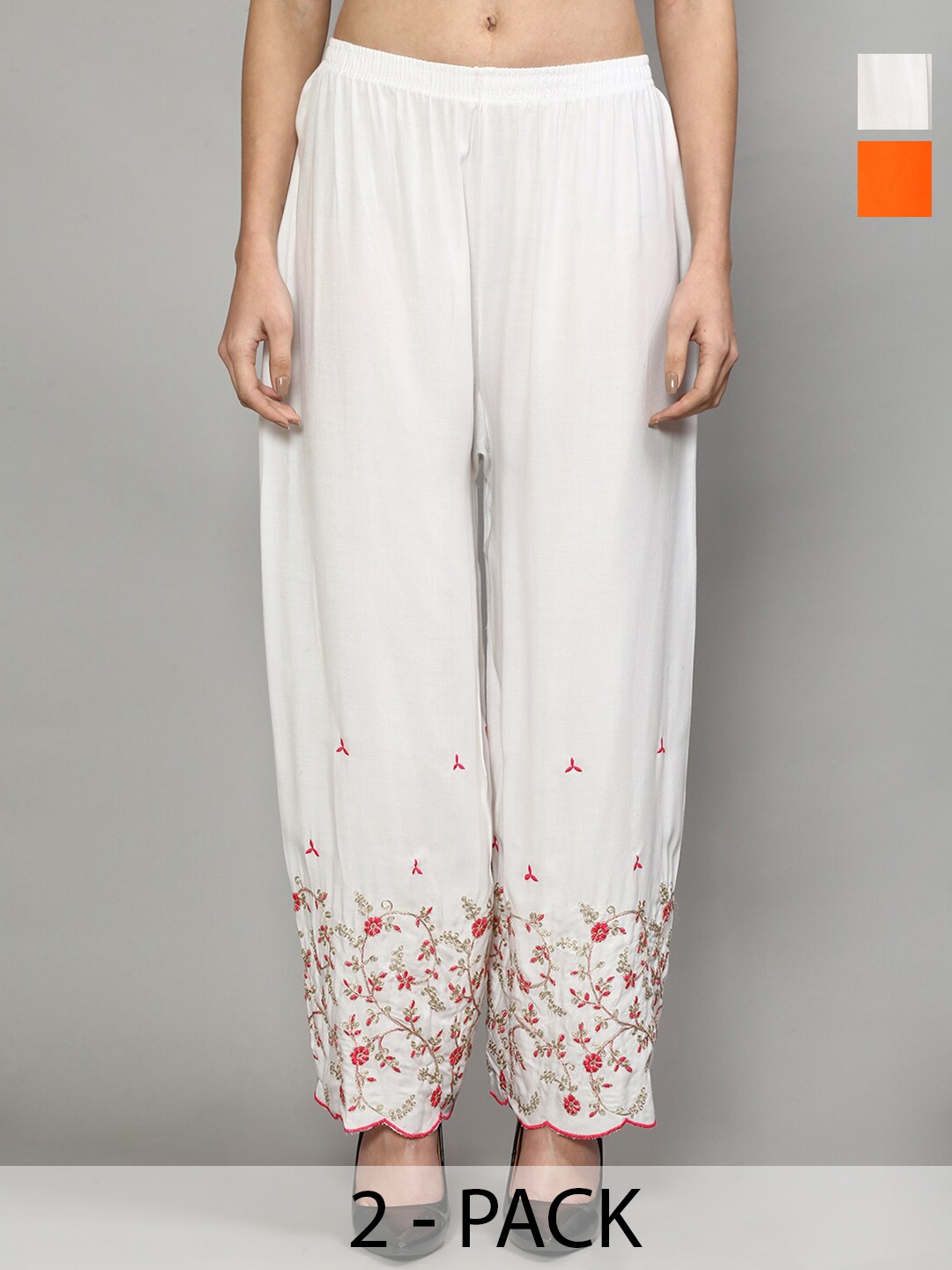 

GRACIT Pack of 2 Ethnic Motifs Embroidered Flared Palazzos, White