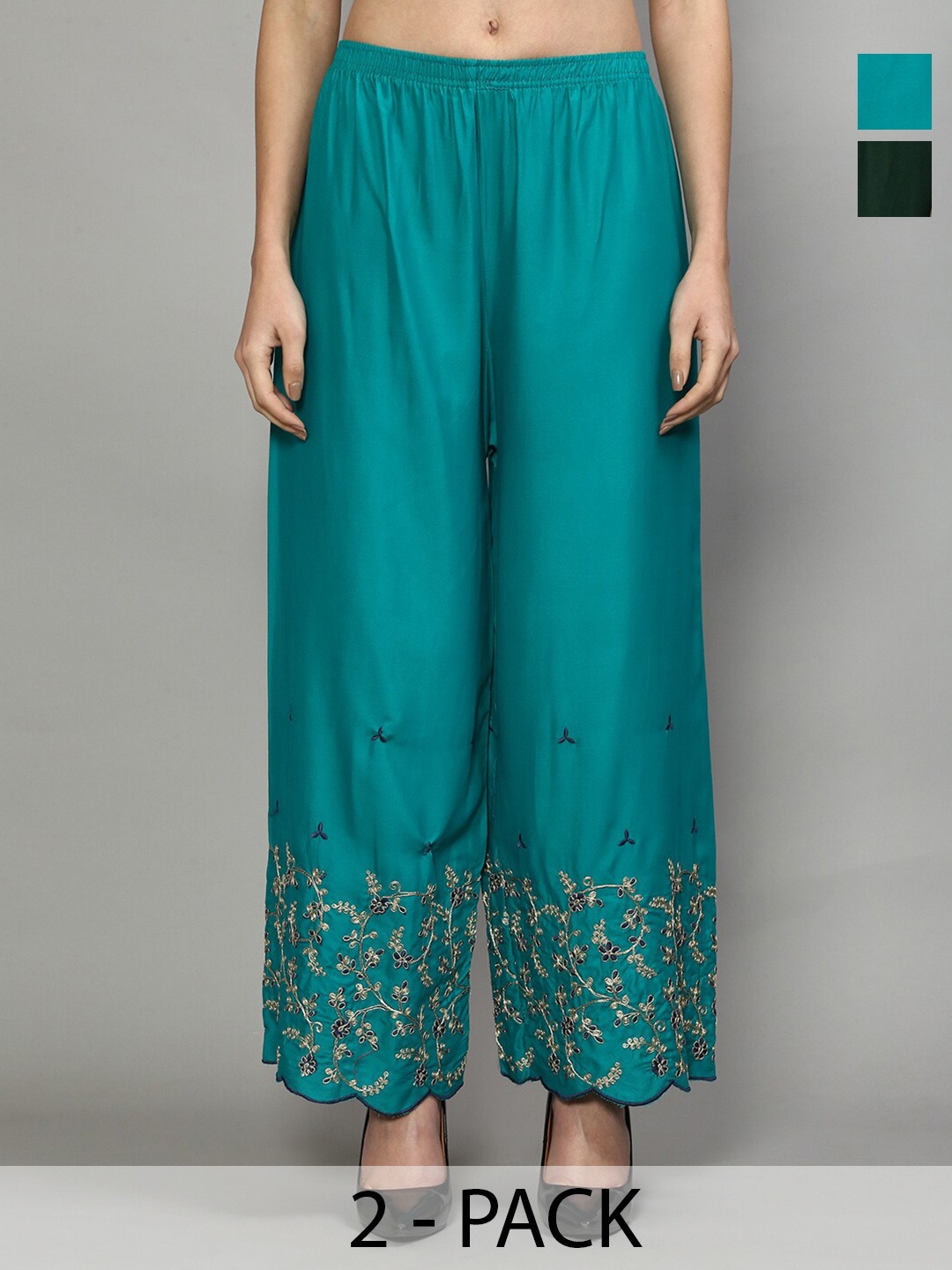 

GRACIT Pack of 2 Floral Embroidered Flared Palazzos, Blue