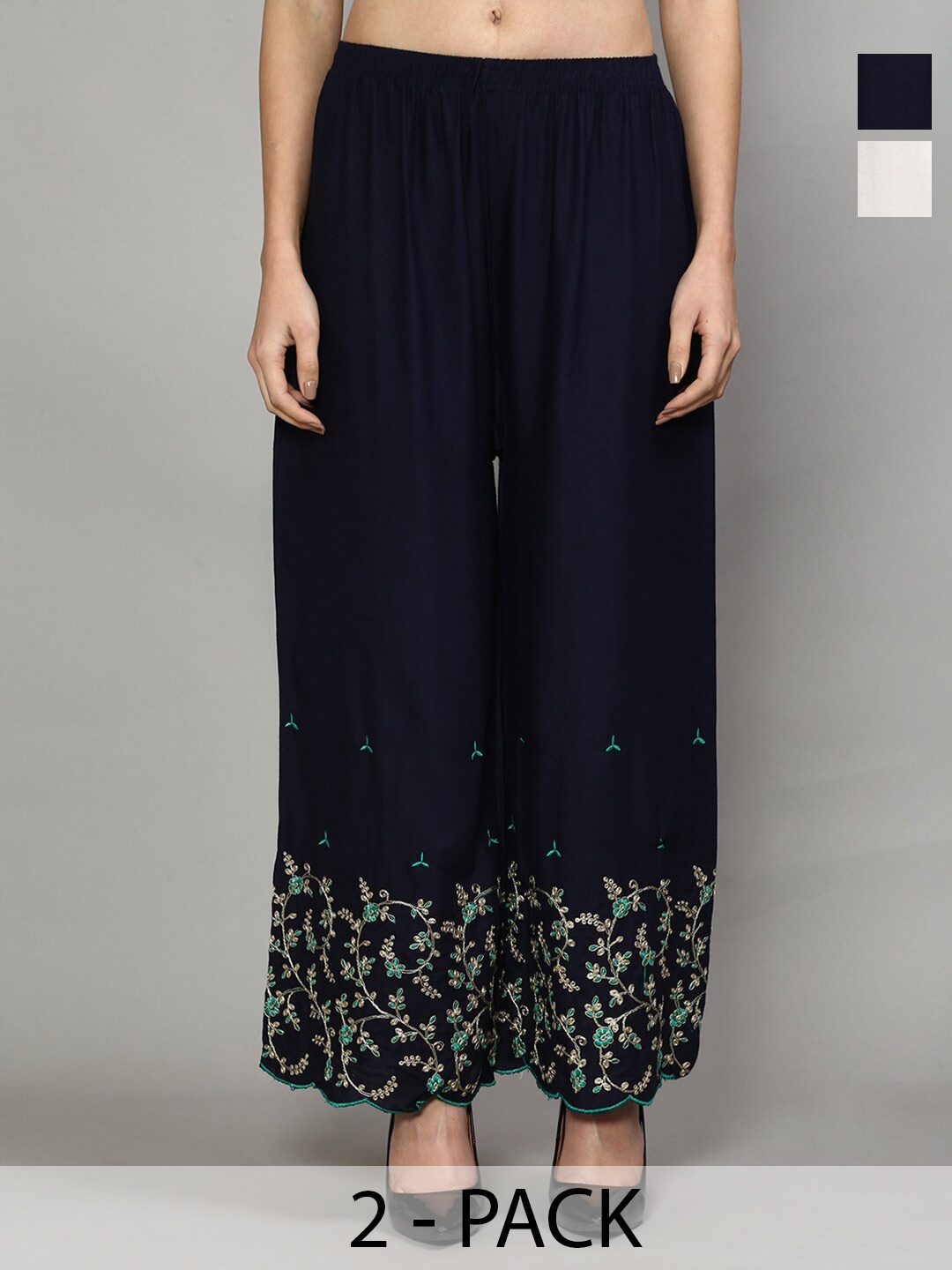 

GRACIT Pack of 2 Floral Embroidered Flared Palazzos, Black