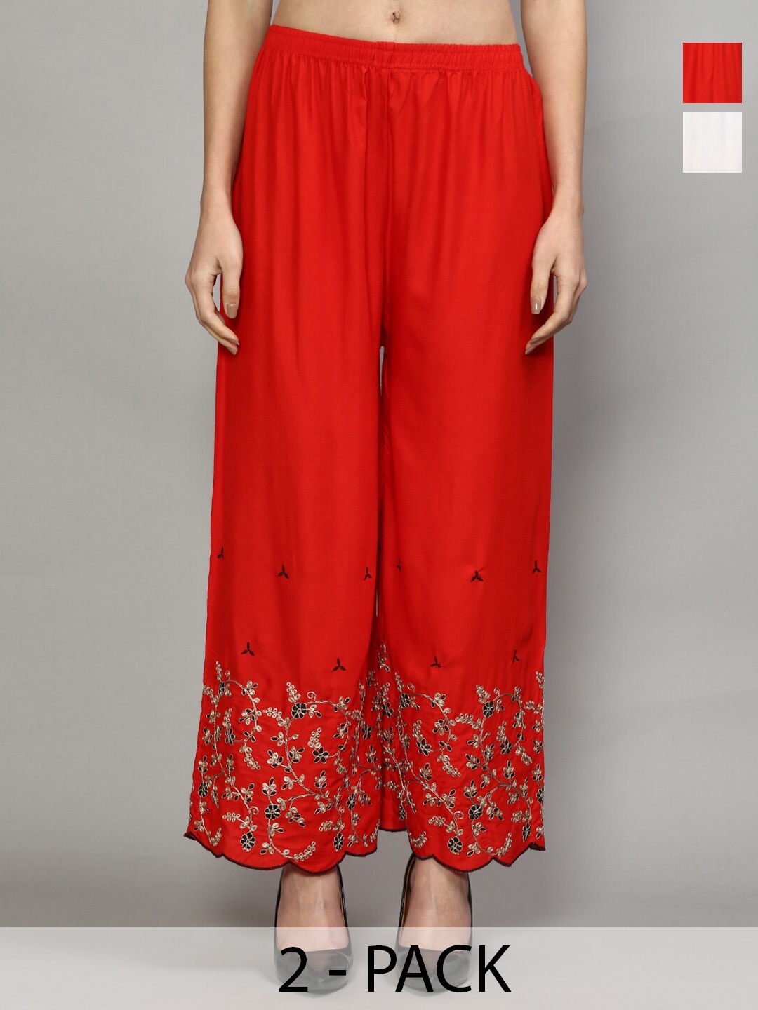 

GRACIT Pack of 2 Floral Embroidered Flared Palazzos, Red