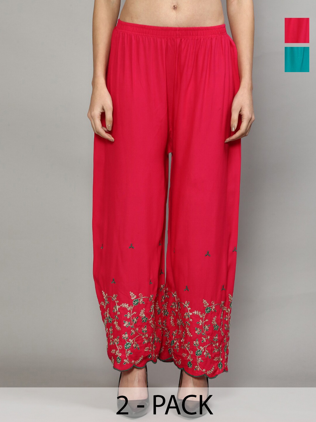 

GRACIT Pack of 2 Floral Embroidered Flared Palazzos, Pink
