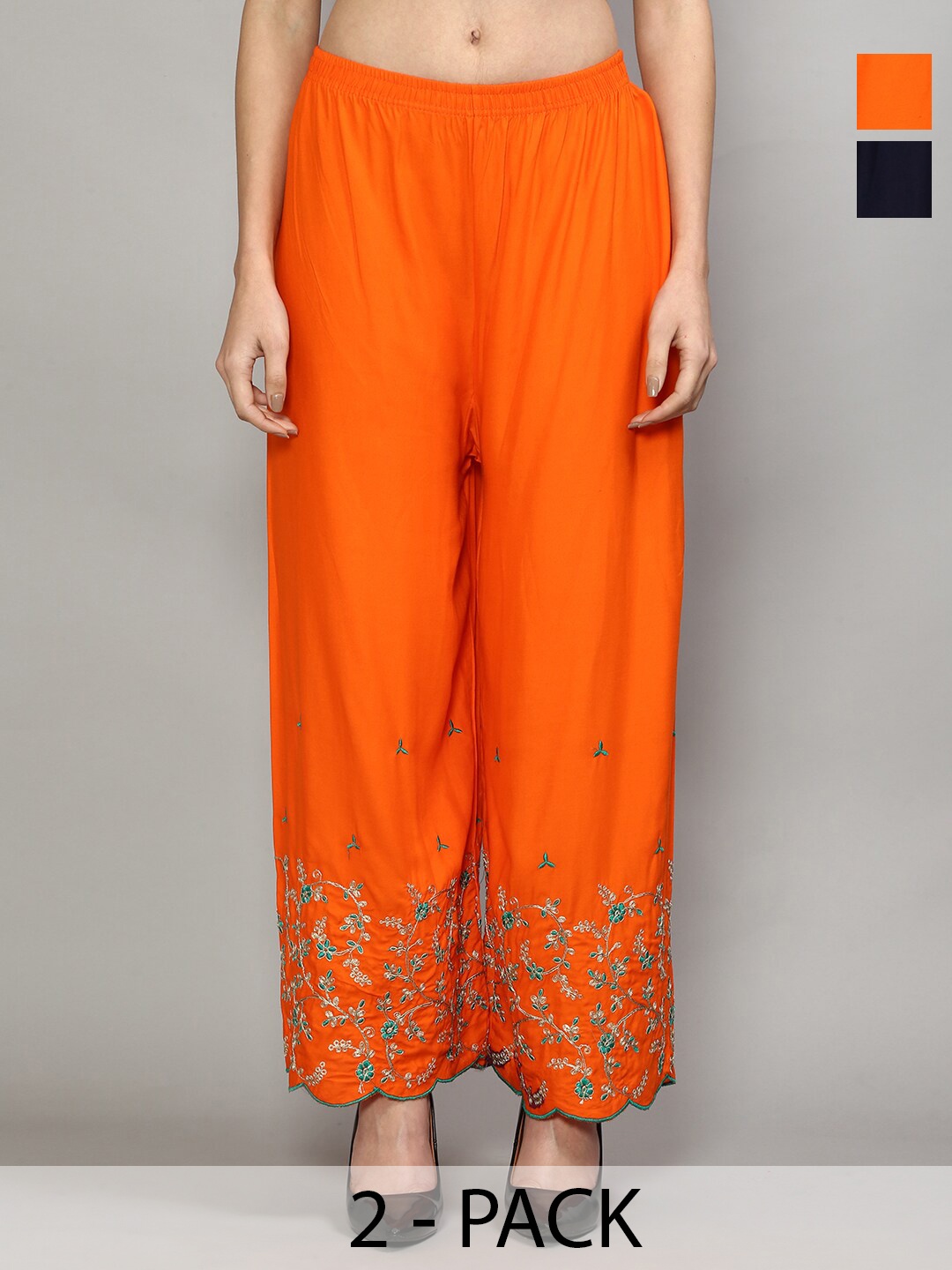 

GRACIT Pack Of 2 Ethnic Motifs Embroidered Flared Palazzos, Orange