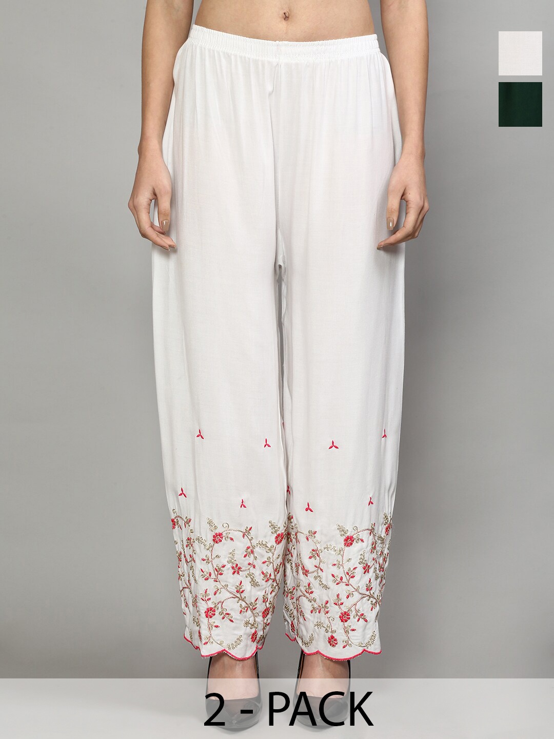 

GRACIT Women Pack Of 2 Ethnic Motifs Embroidered Flared Knitted Palazzos, White