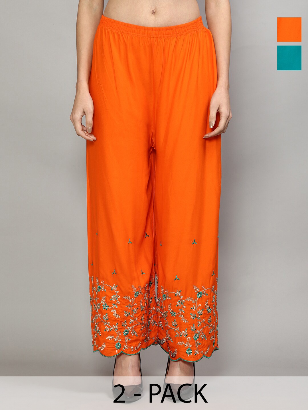 

GRACIT Pack Of 2 Ethnic Motifs Embroidered Flared Palazzos, Orange