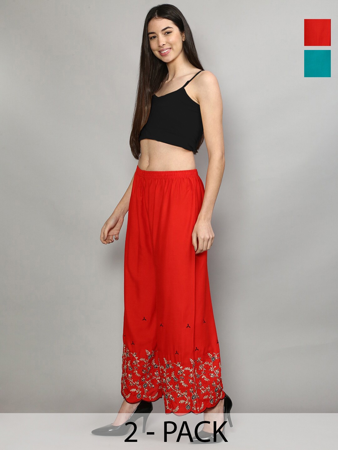 

GRACIT Women Pack Of 2 Ethnic Motifs Embroidered Flared Knitted Palazzos, Red