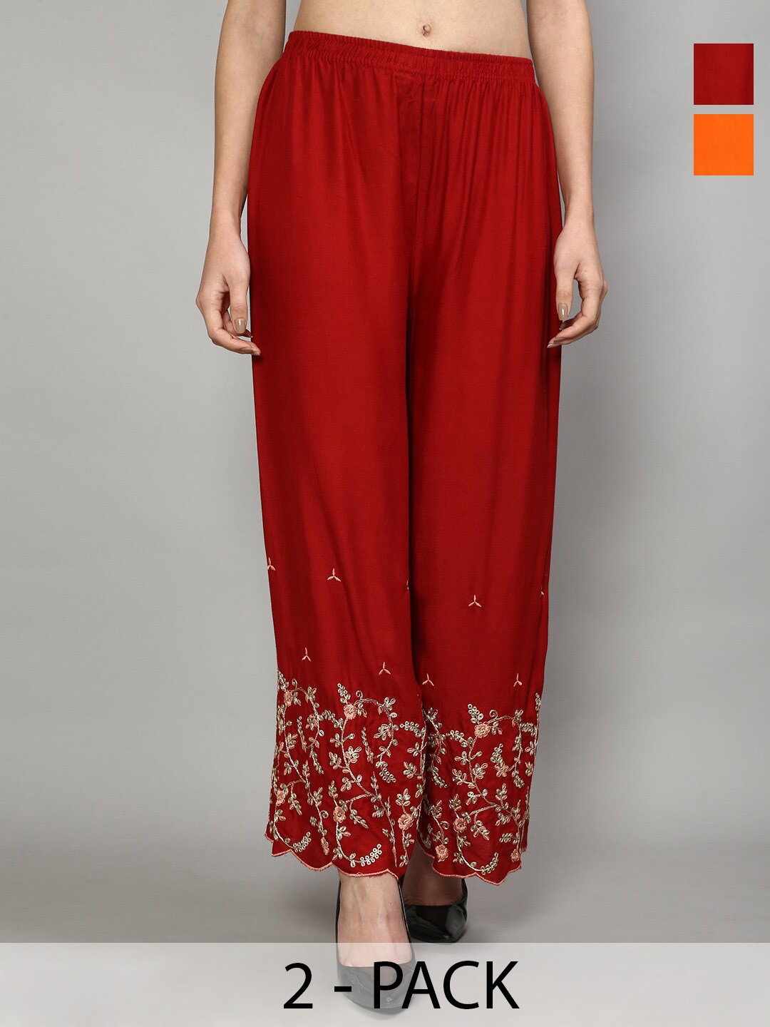 

GRACIT Pack of 2 Floral Embroidered Flared Palazzos, Red