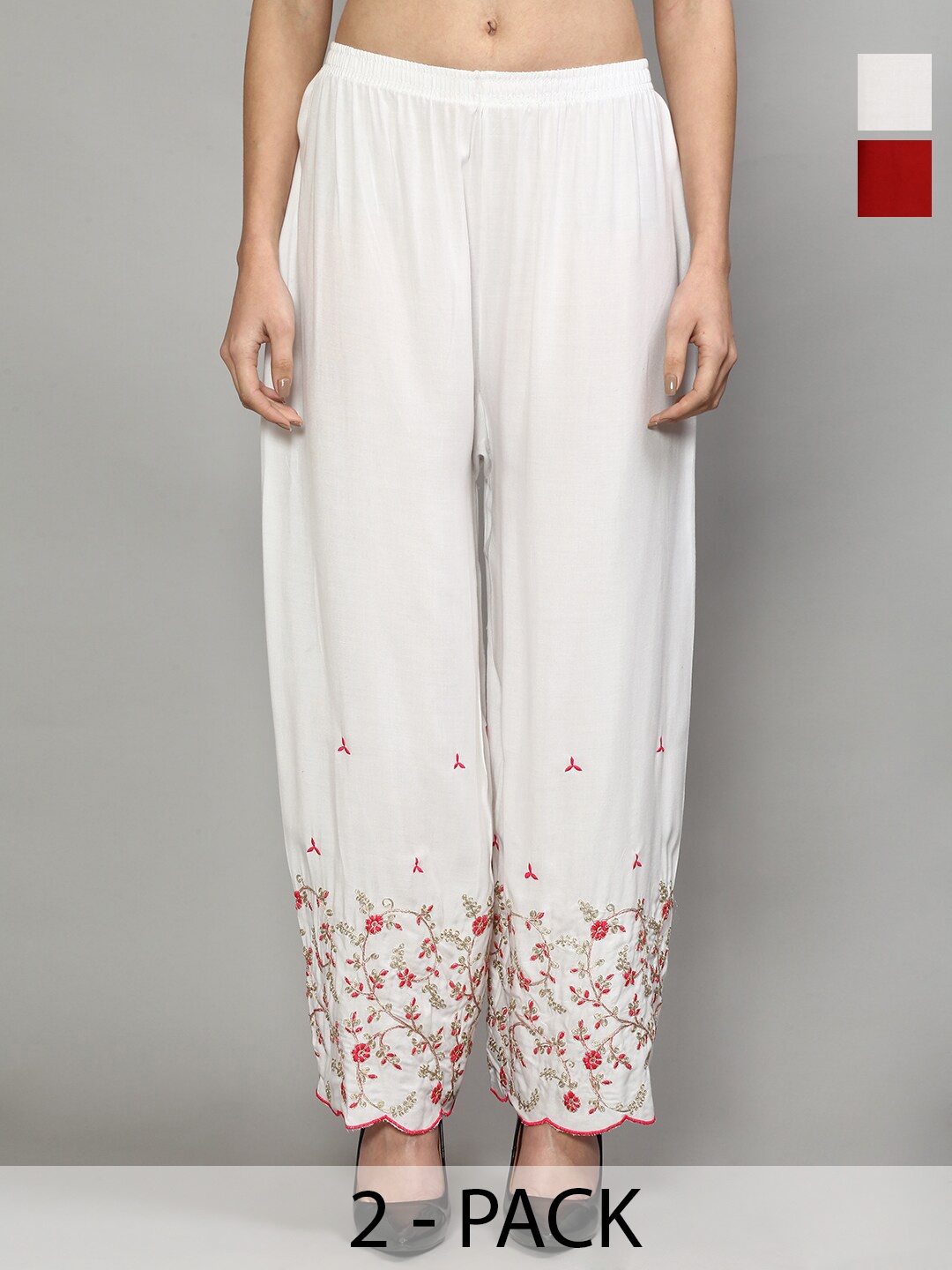 

GRACIT Pack of 2 Floral Embroidered Flared Palazzos, White
