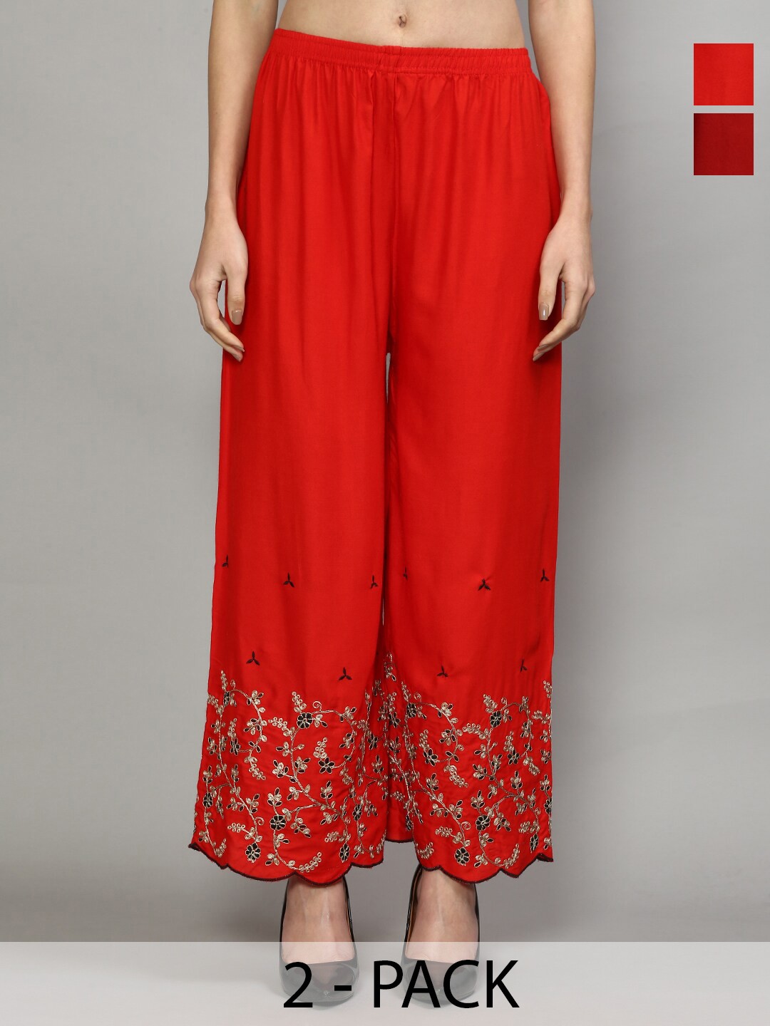 

GRACIT Women Pack Of 2 Ethnic Motifs Embroidered Flared Knitted Palazzos, Red