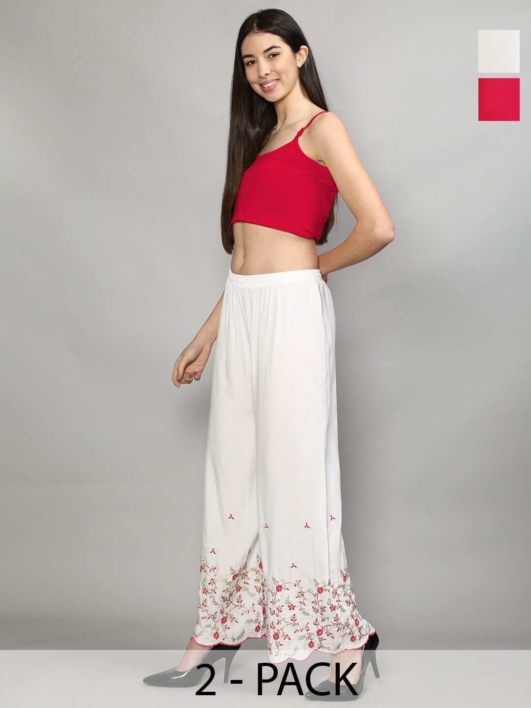 

GRACIT Pack of 2 Floral Embroidered Flared Palazzos, White