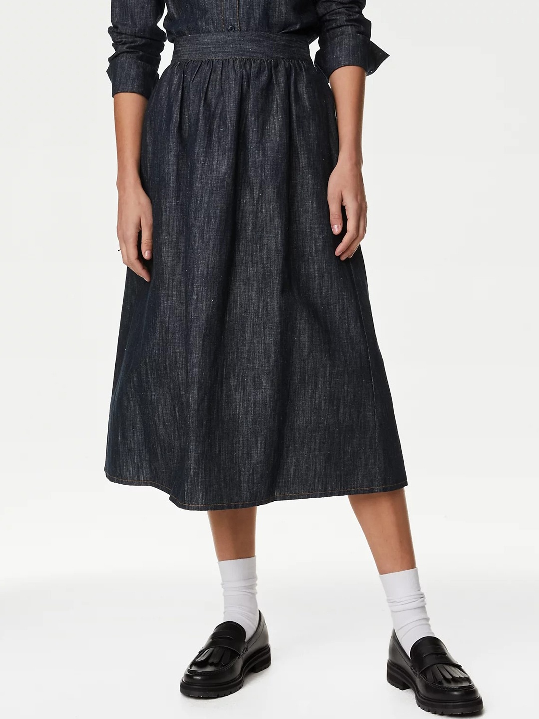 

Marks & Spencer Printed Flared Cotton Linen Midi Skirt, Navy blue