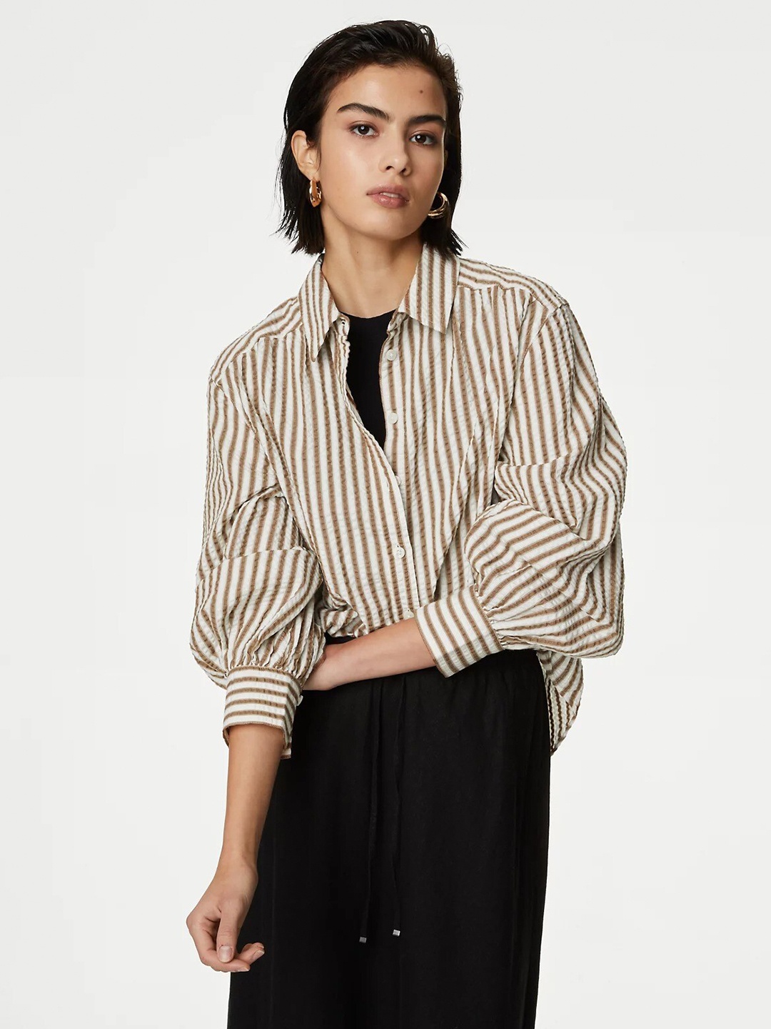 

Marks & Spencer Women Striped Pure Cotton Casual Shirt, Brown